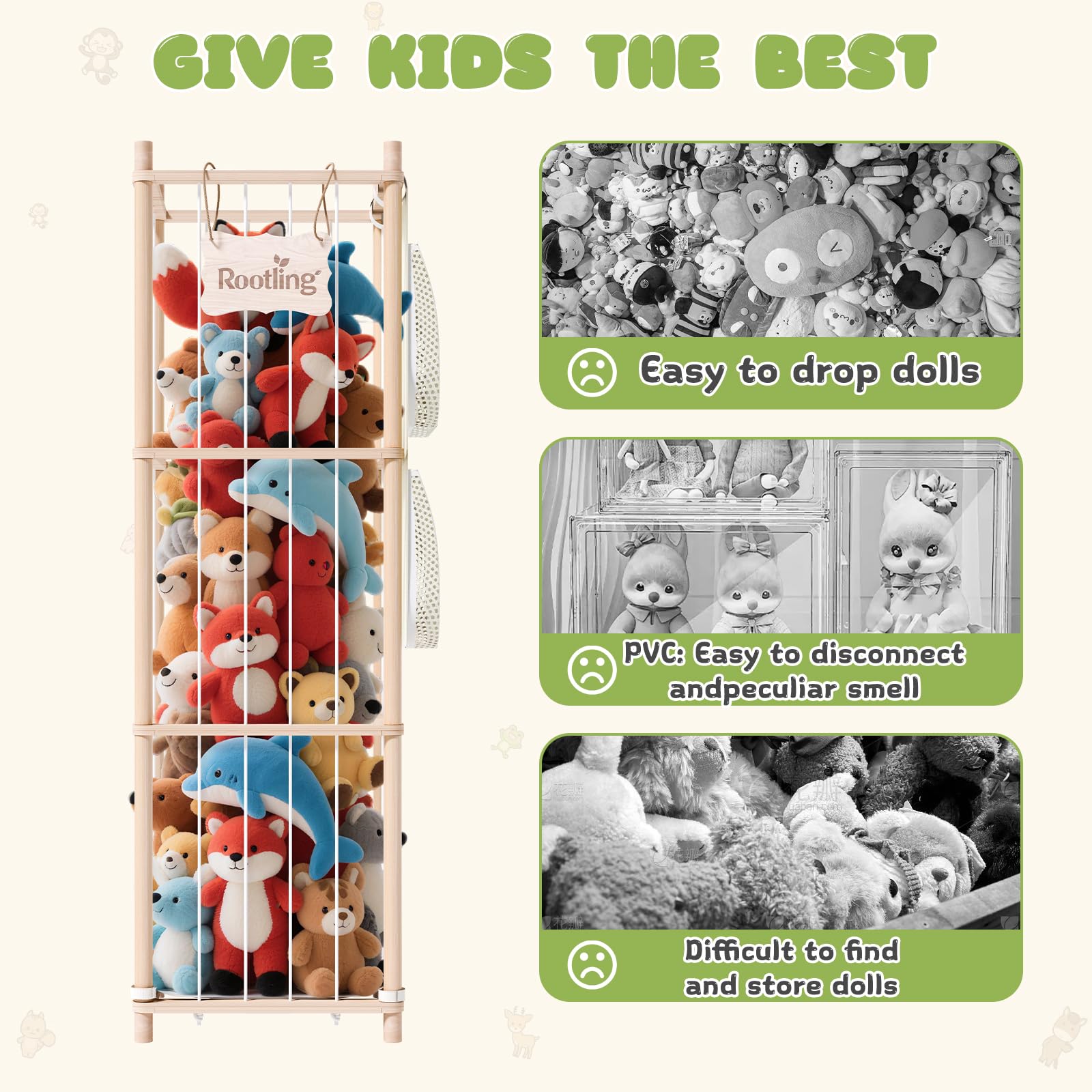 Wooden Stuffed Animal Storage Organizer with Building Block Bag