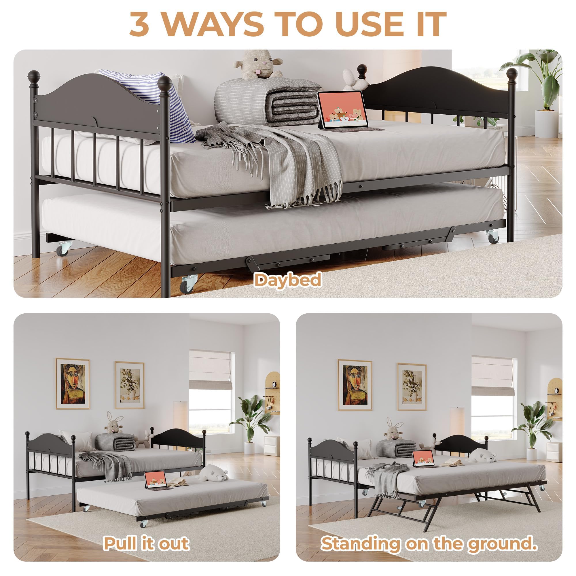 Daybed with Trundle, Metal Twin Size Day Bed with Stylish Headboard, Sofa BedFrame with Pop Up Foldable Trundle Bed, Heavy Duty Steel Slats Platform for Living Room, Bedroom and Guest Room, Black