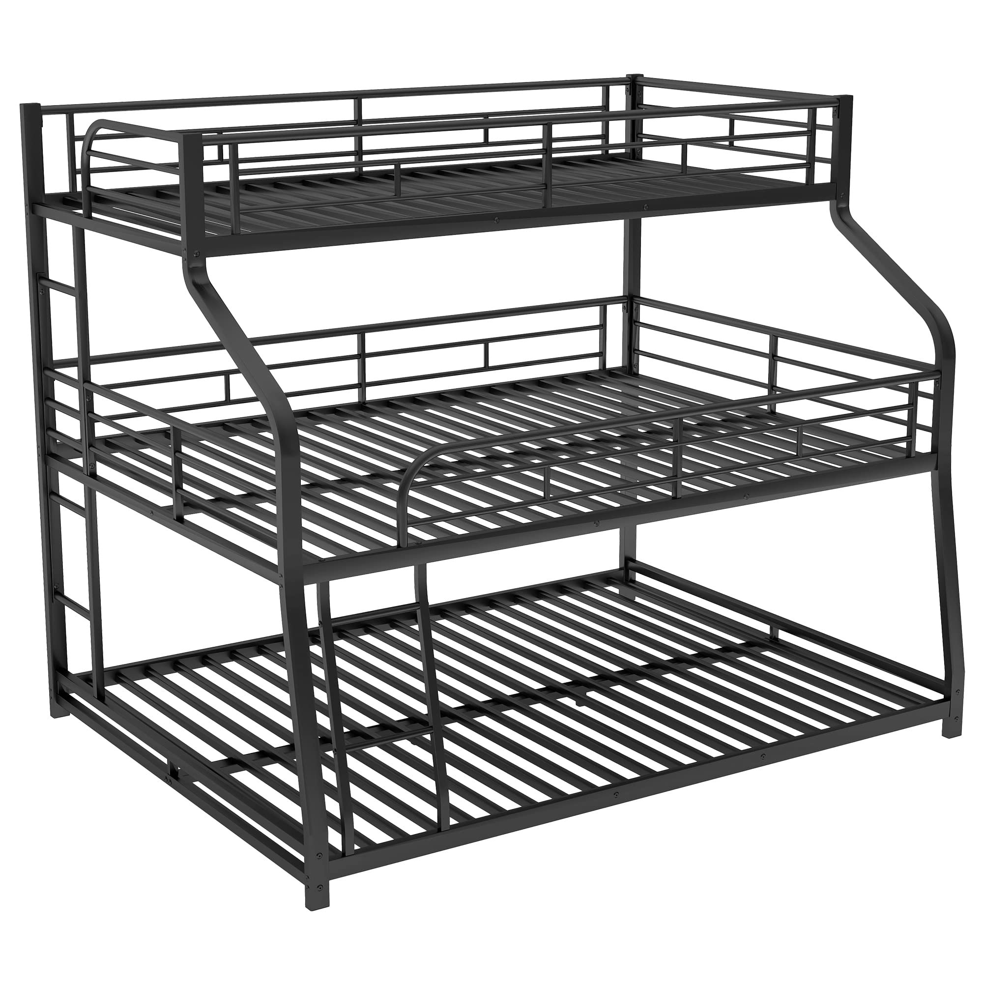 Metal Triple Bunk Bed with Guardrails and Ladder Black