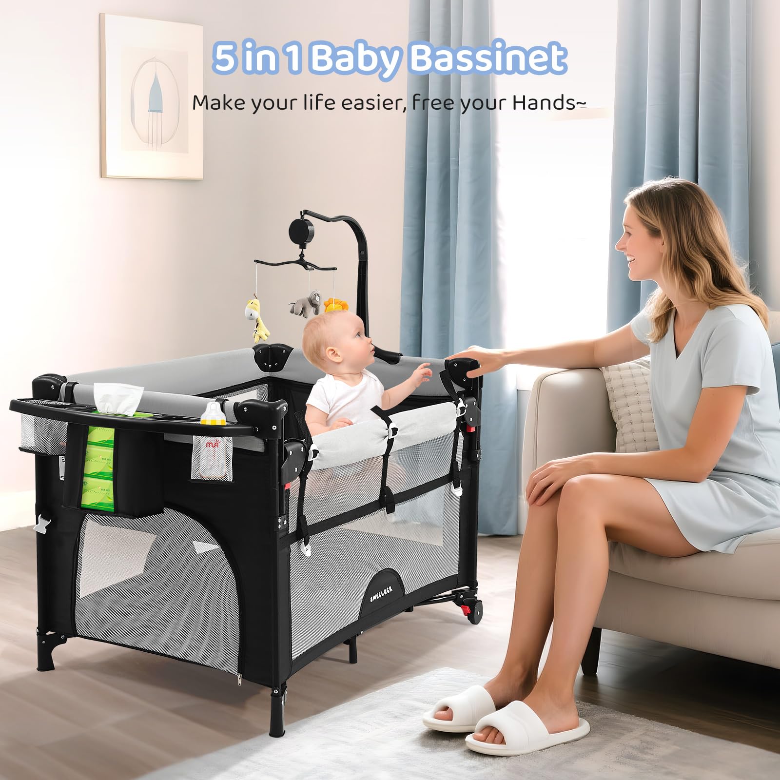 5-in-1 Pack and Play with Bassinet & Bedside Sleeper - Grey