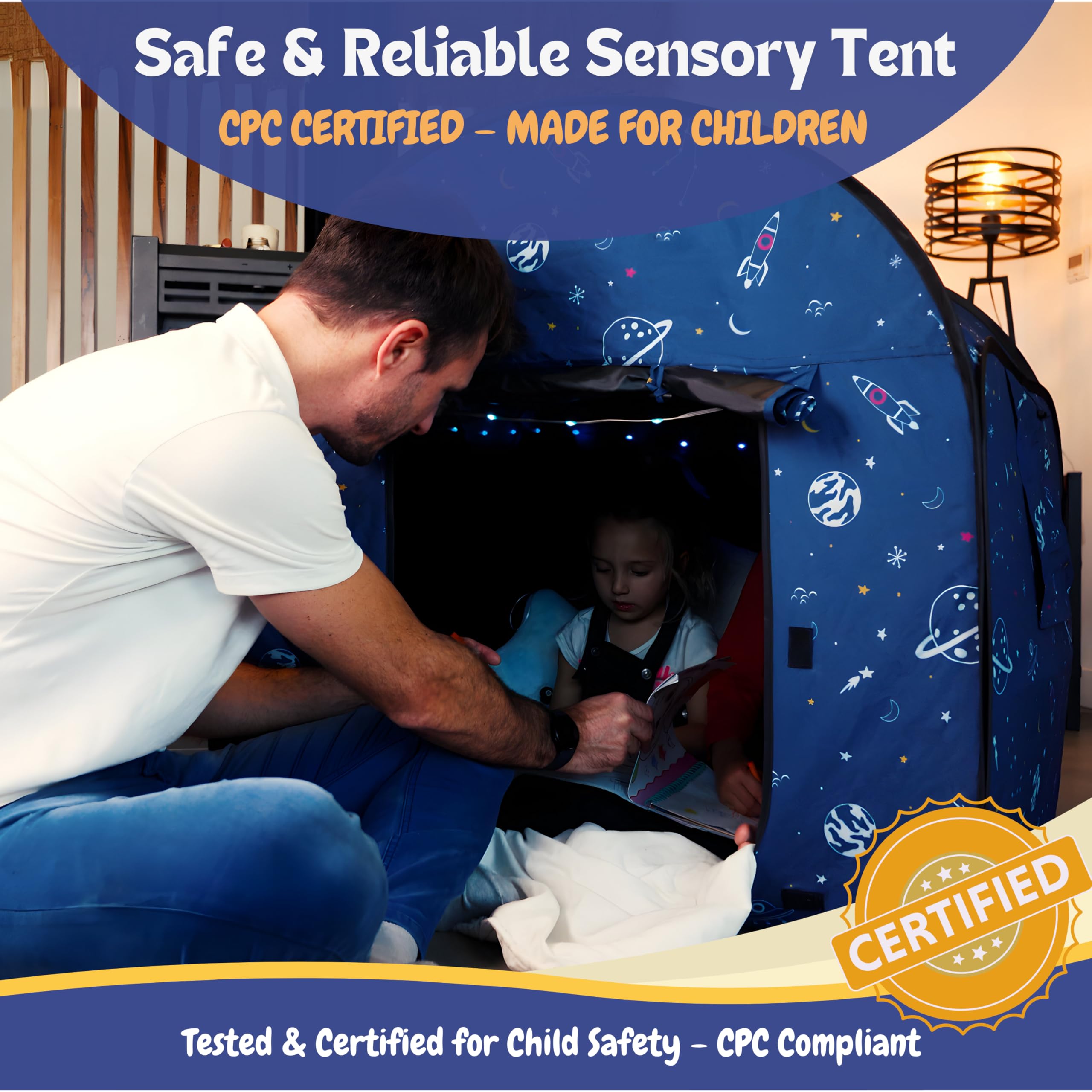 Sensory Tent for Kids with LED Lights & Remote – Blackout Pop-Up Calm Down for Autism, ADHD & SPD – Indoor Sensory Room & Play Tent – Foldable & Portable – L’Arche (Space Theme, Regular 35.4 in)