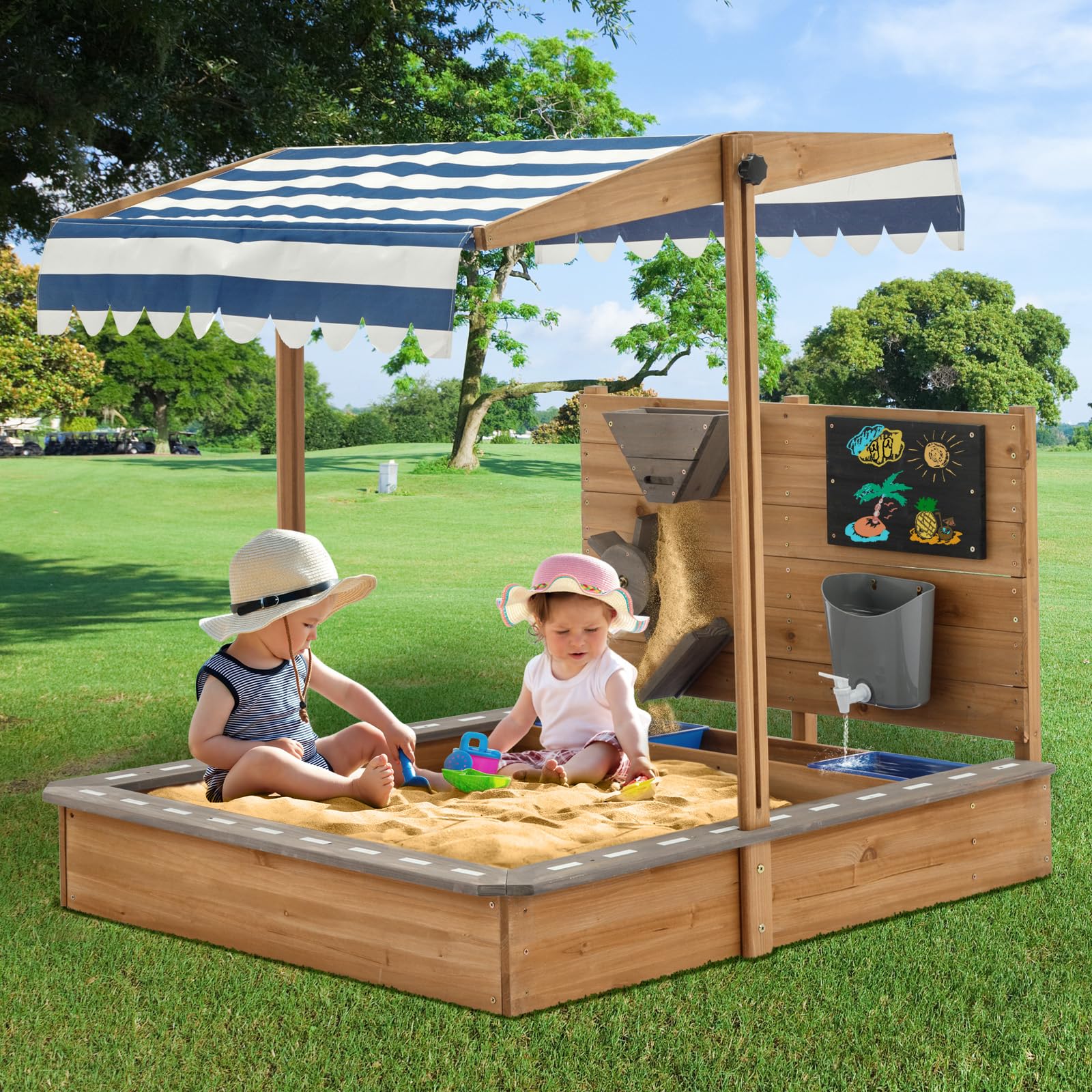 Wooden Sandbox with Roof and Canopy