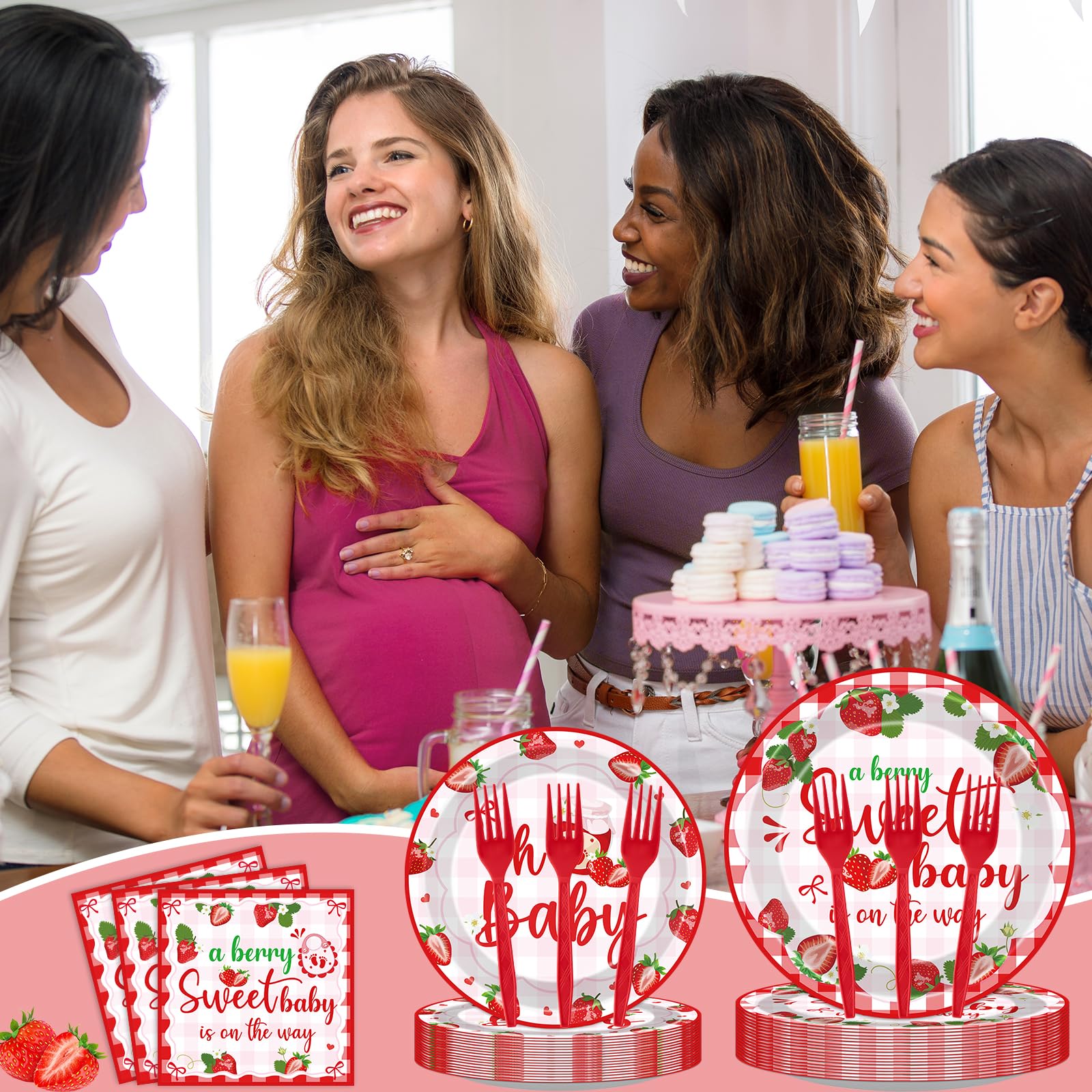 VorkiVecKi Strawberry Baby Shower Decorations - 96 Pcs Pink A Berry Sweet Baby Is on The Way Plates Napkins Supplies for Girls Gender Reveal Party Disposable Shortcake Tableware Sets Serves 24 Guests