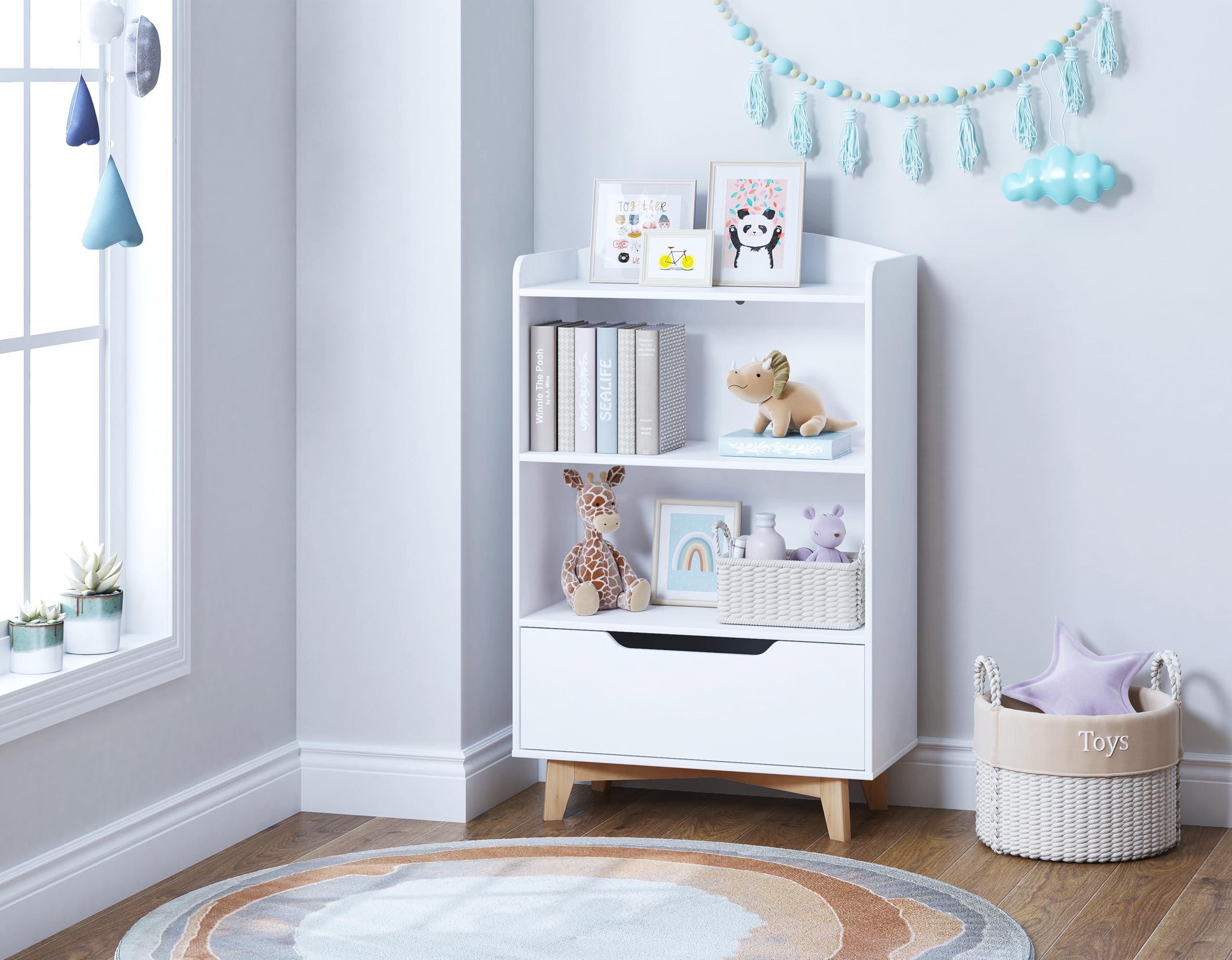 Kids Bookshelf with Storage Drawer White Wood