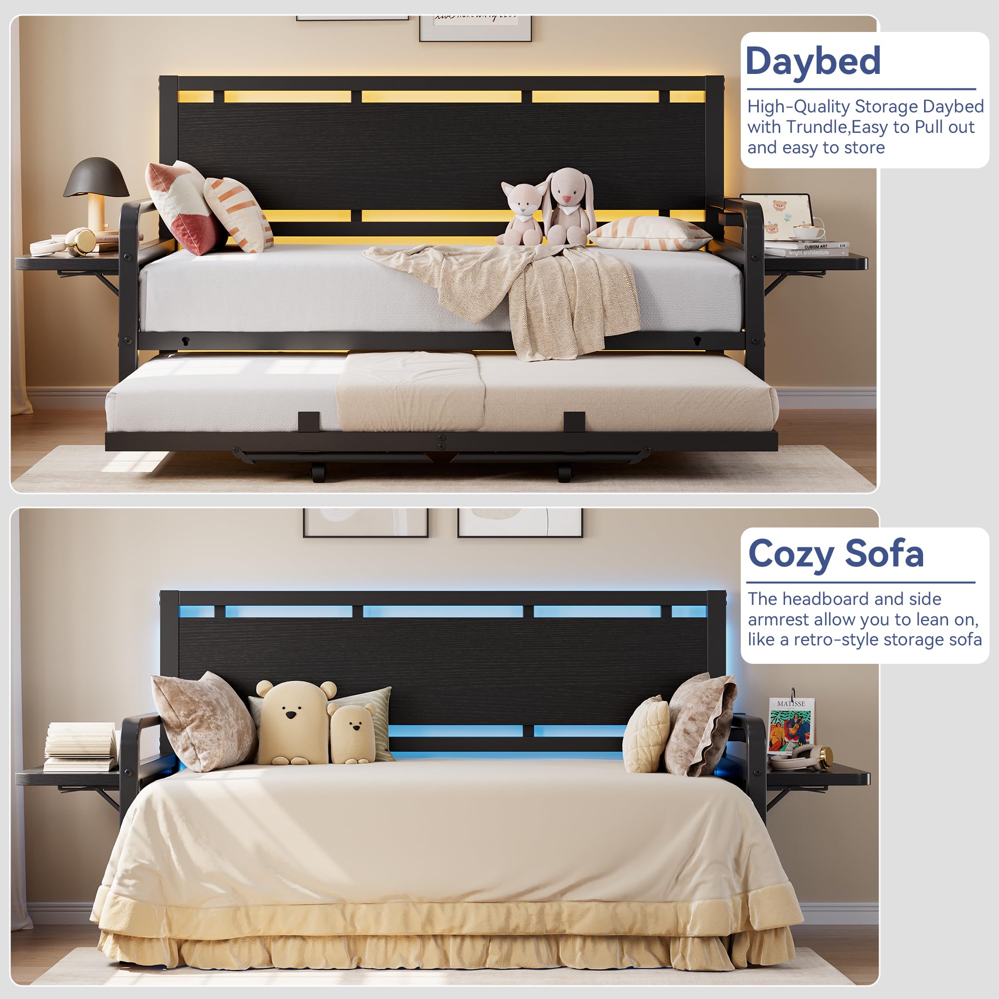 Twin Daybed with Pop-Up Trundle and LED Lights