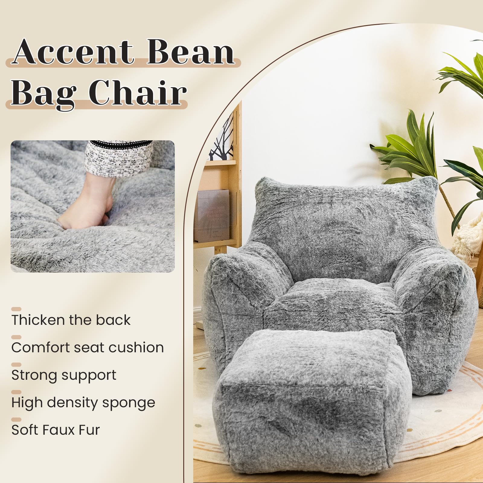 Bean Bag Chair with Ottoman and Footrest - Faux Fur