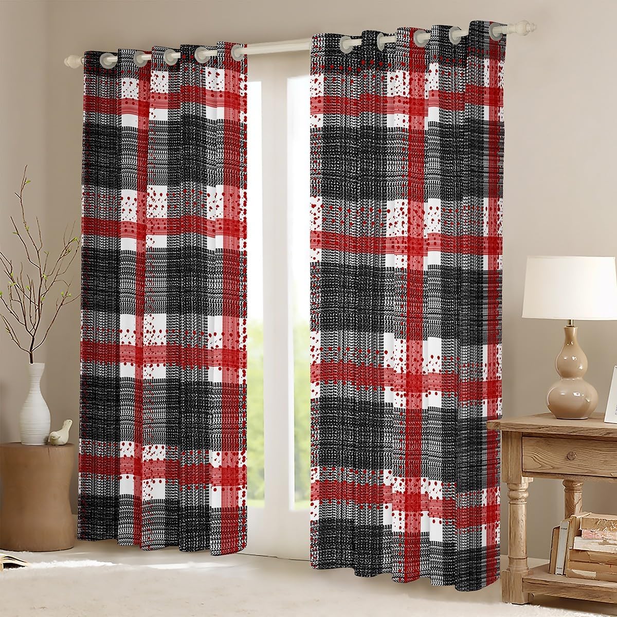 Geometric Lattice Kids Darkening Drapes Bedroom Red Plaid