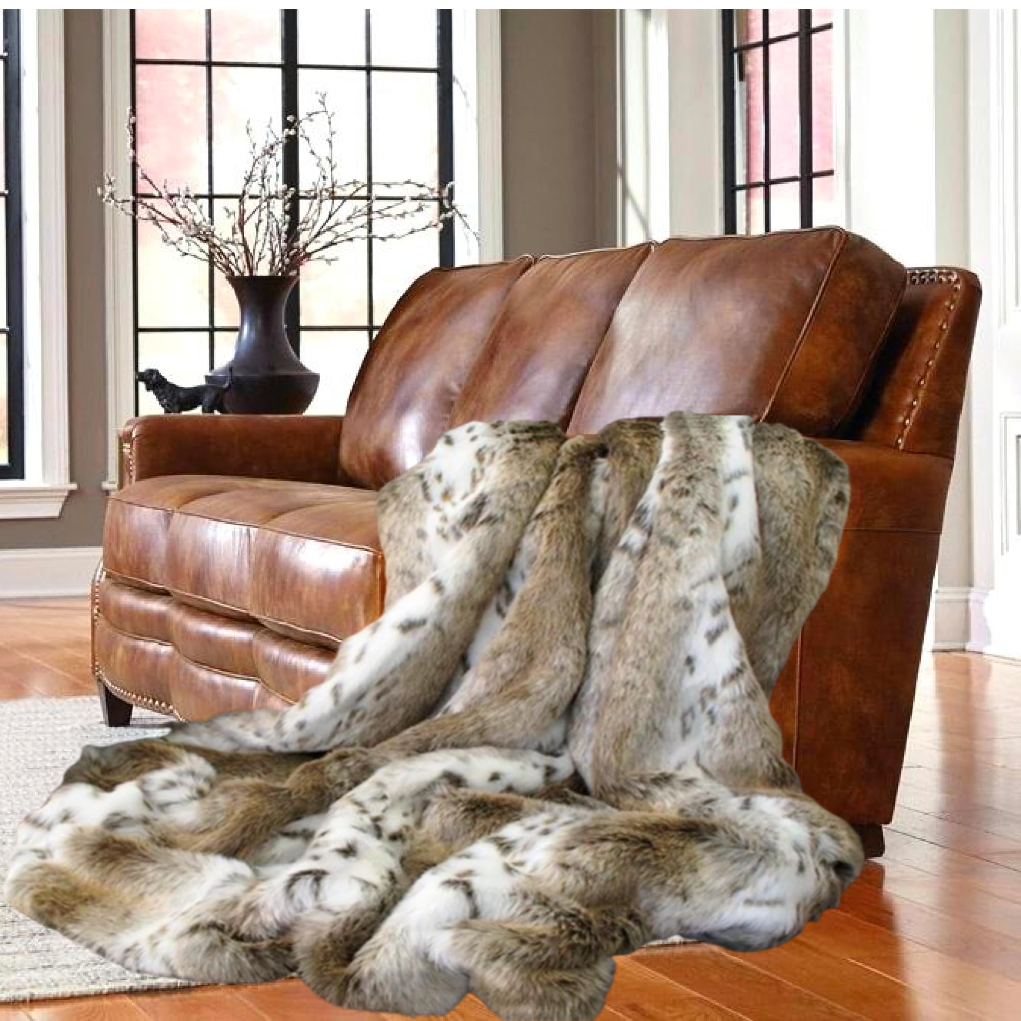 Faux Fur Throw Blanket Lynx Print Plush Minky Lined