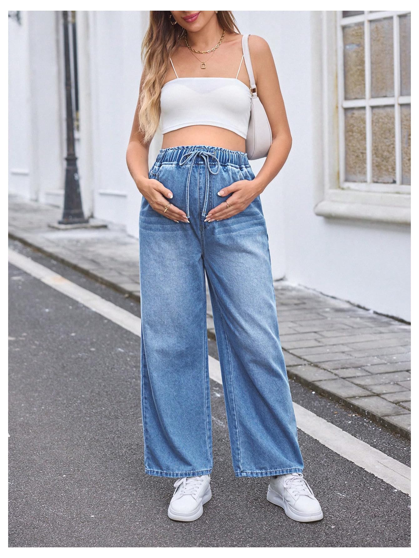 Women's Maternity Denim Pants Elastic Waist Drawstring Wide Leg Baggy