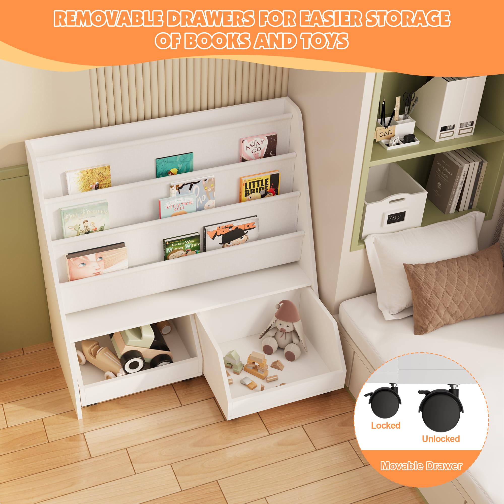 Kids Bookshelf with Storage Drawers and Sling Pockets