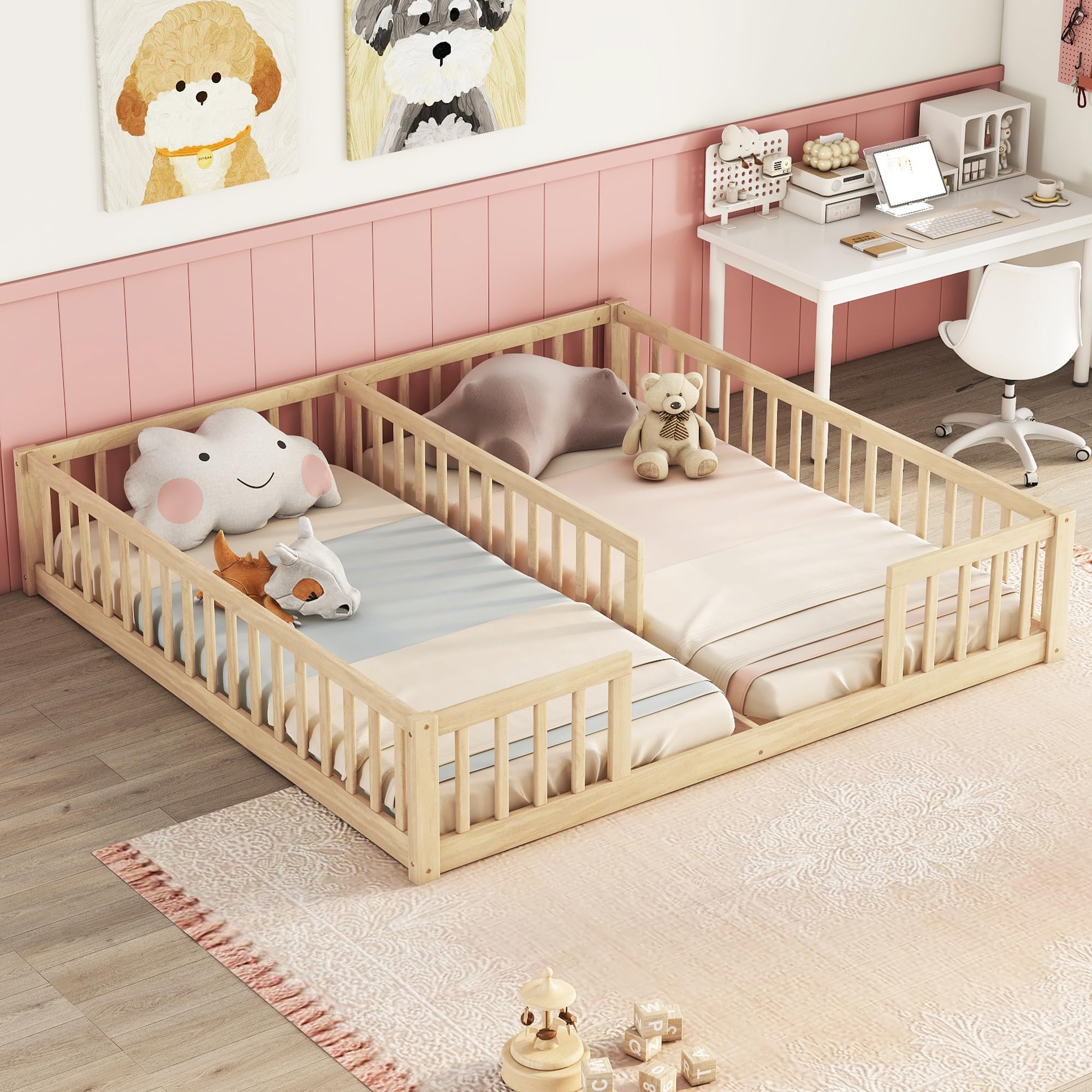 Double Floor Bed for Twins,Two Shared Beds,Twin Size Floor Bed for 2 Kids