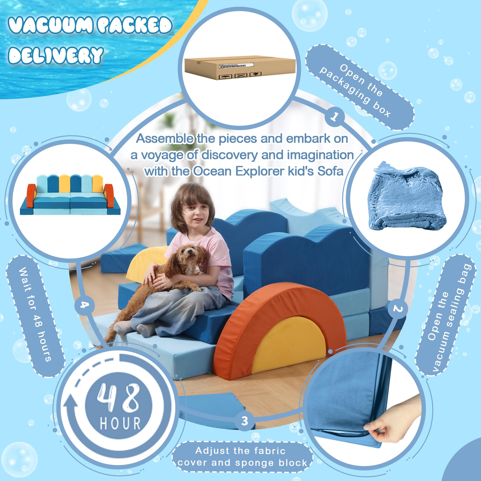 22-Piece Modular Kids Play Couch - Ocean Theme Convertible Furniture Set