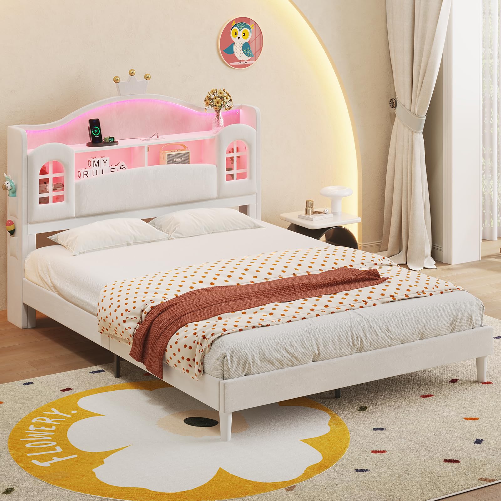 Dnxao Full Size Bed Frame with Storage Headboard, Princess Bed with LED Lights,Upholstered Girls Bed with Crown,Charging Station,No Box Spring Needed,Easy Assembly, White