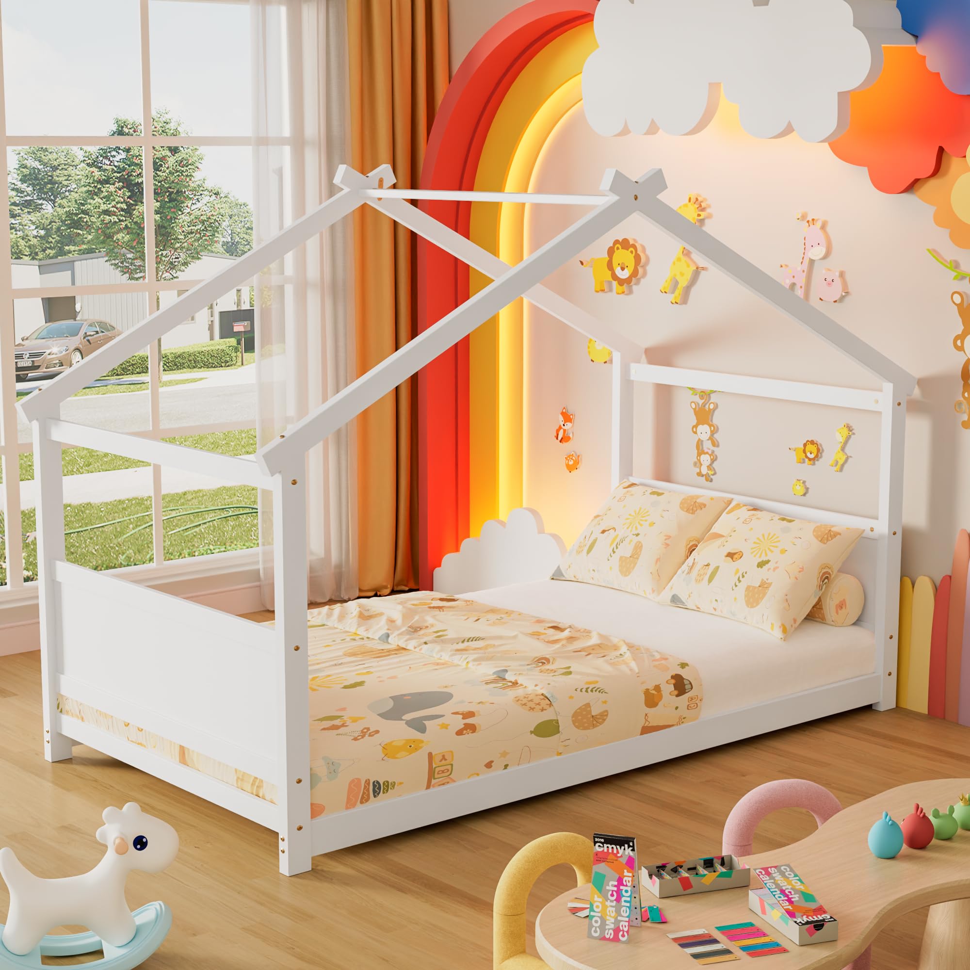 Twin Floor House Bed, Wood Twin Floor Bed Frame with Headboard & Footboard