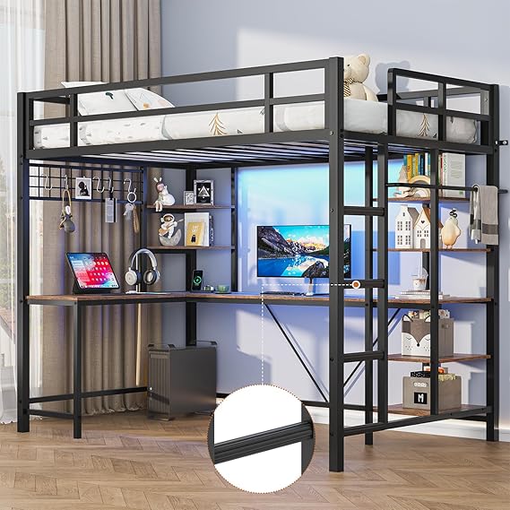 Loft Bed Twin Size with L Shaped Desk, LED Lights, Charging Station