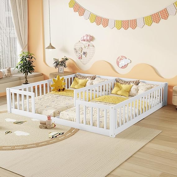 Floor Bed for 2 Kids, Montessori Bed Frame with Fence Railings