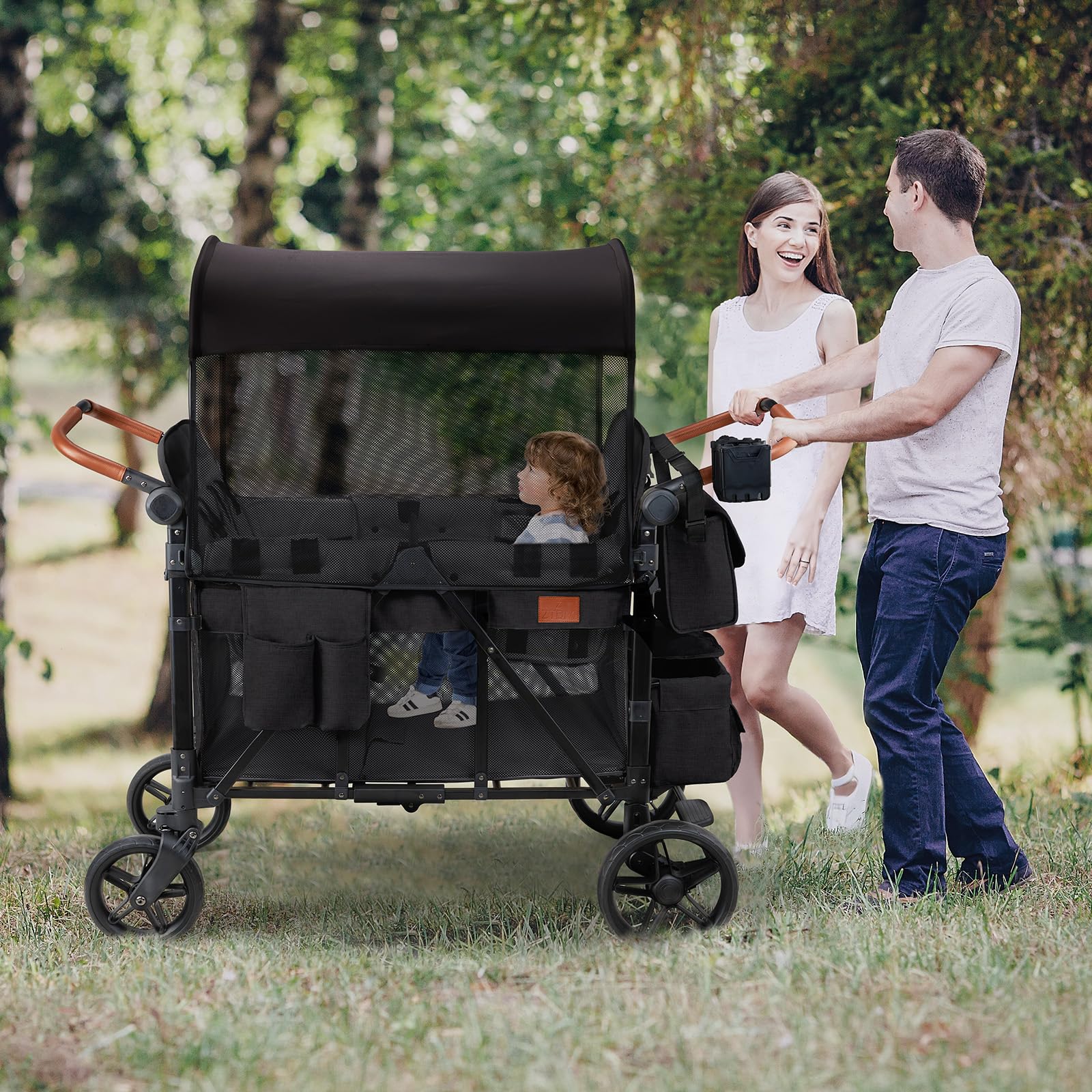 Wagon Stroller for 4 Kids, All-Terrain Wagon for Toddler with Canopy, Parent Organizer