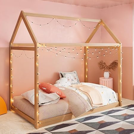 Wood House Bed,Floor Bed with Wood Slats,No Box Spring Needed