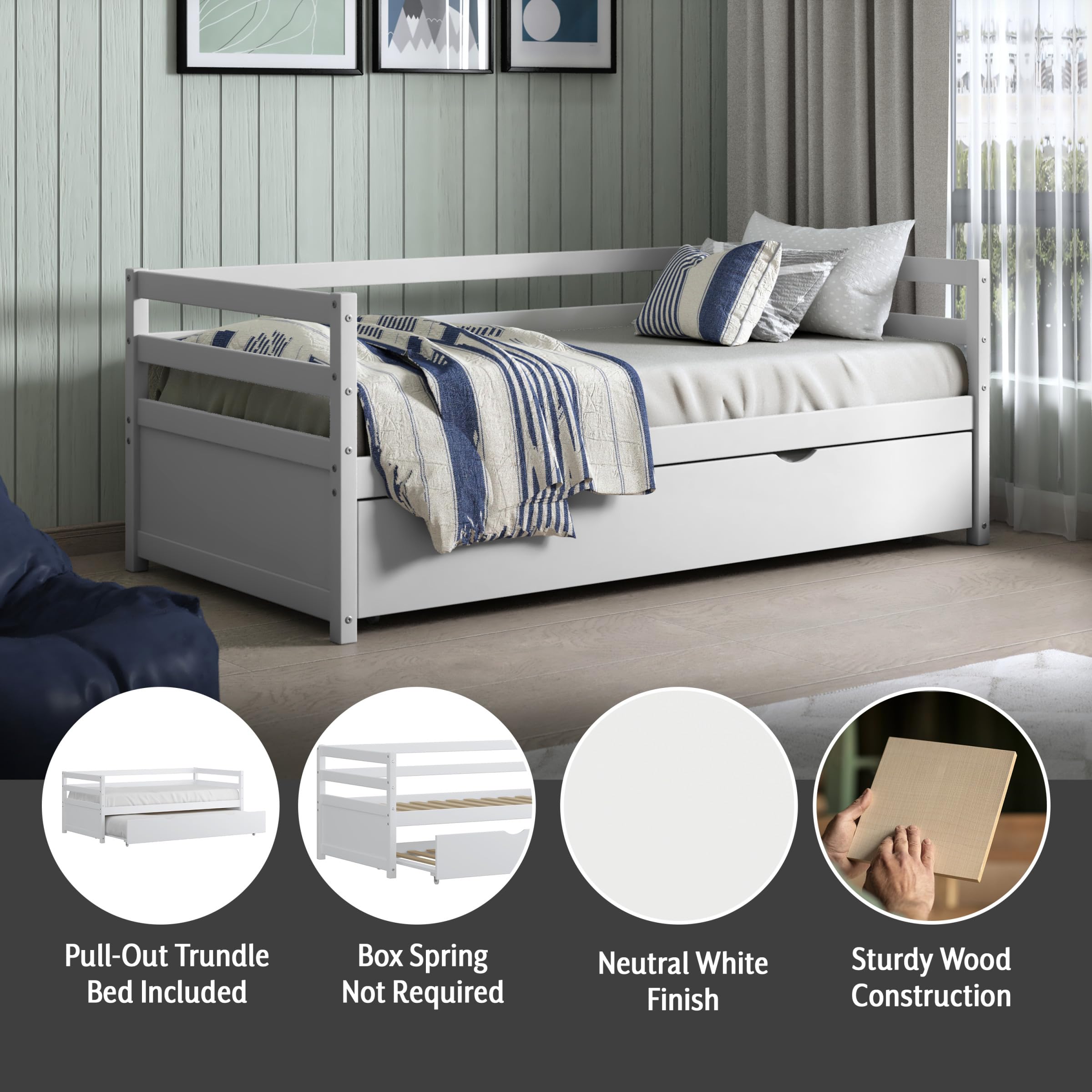 Twin Daybed with Trundle White Wood