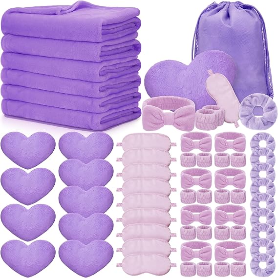 63 Pcs Spa Sleepover Party Supply Set 9 Fleece Blankets 9 Fluffy Heart