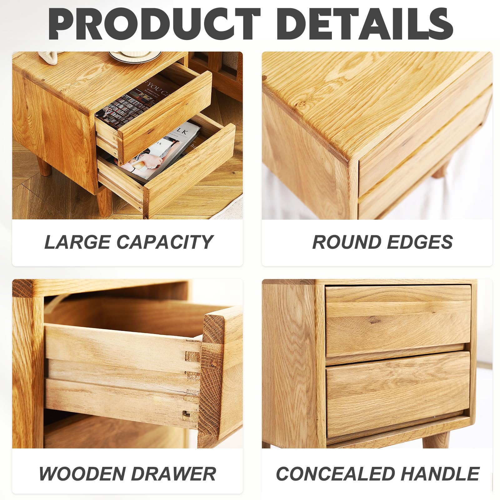Solid Oak Wood Nightstand with 2 Drawers - Natural Bedside Table