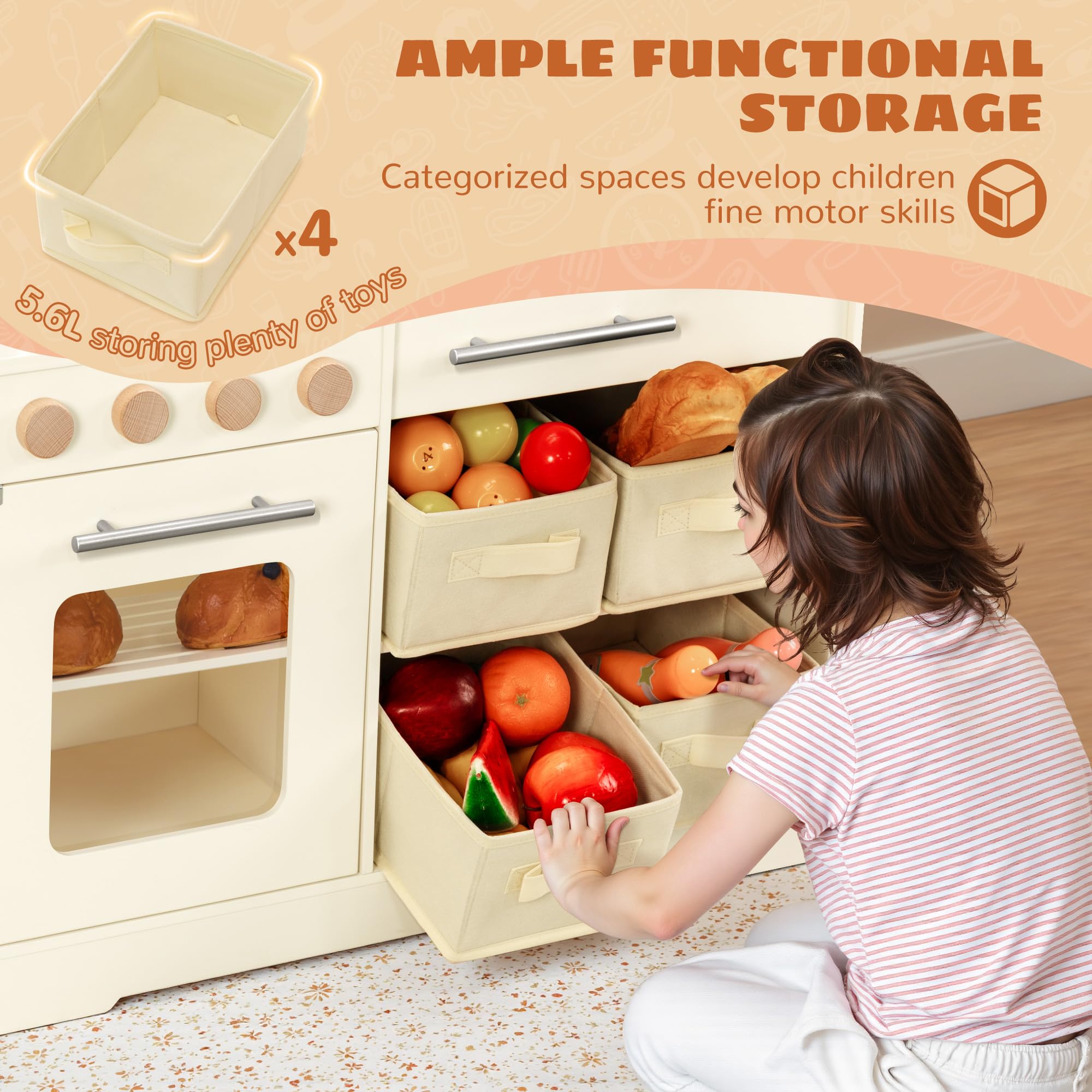 PHGLL Play Kitchen for Kids Wooden Toy Playset with Storage System, Chef Pretend Play Set with Oven, Utensils, Cupboard, Sink, Clicking Knobs, Toddler Kitchen Play for Ages 3+