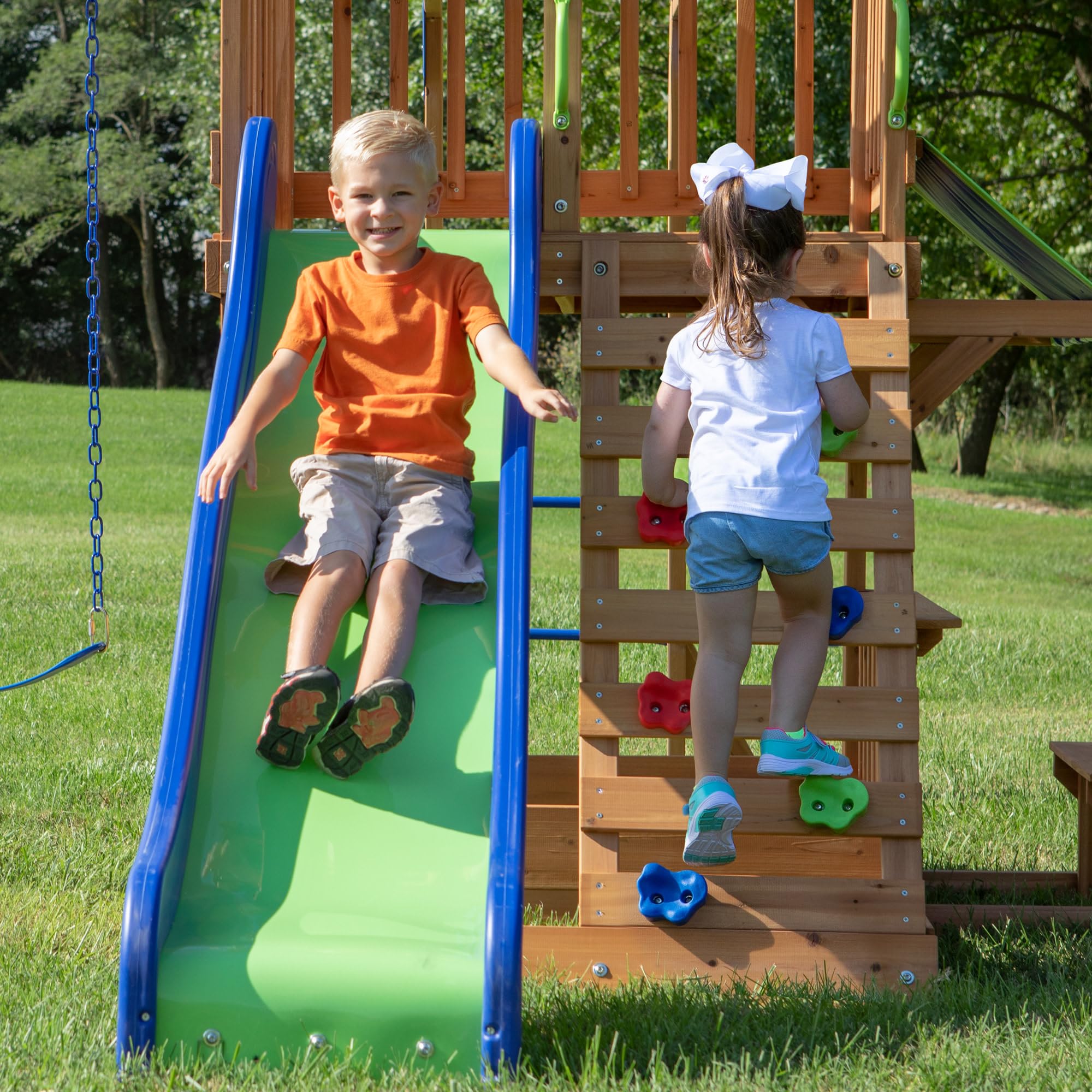 Beach Front Cedar Wood Swing Set with Wave Slide