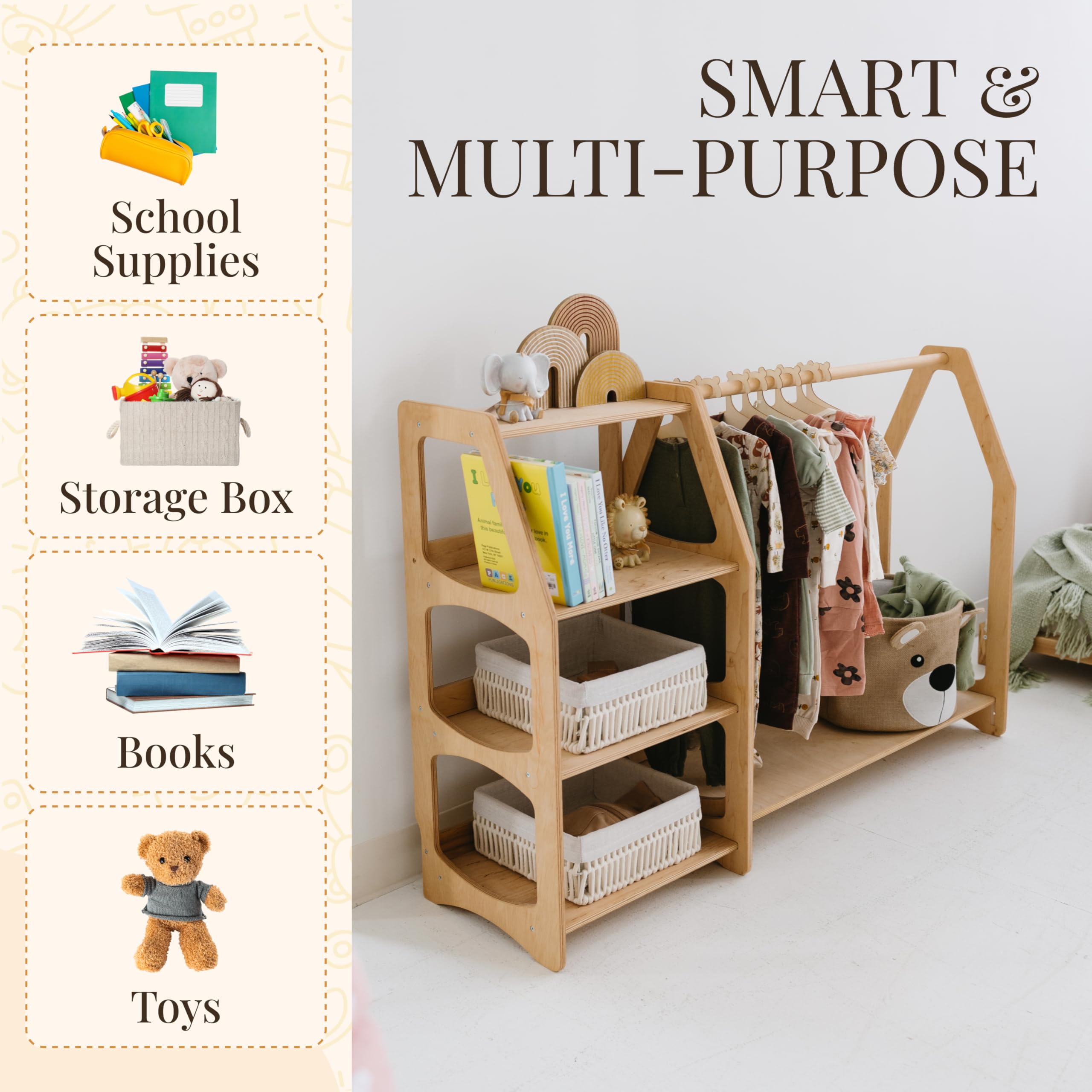 Montessori Bookshelf for Toddlers - Wooden Toy Storage Organizer