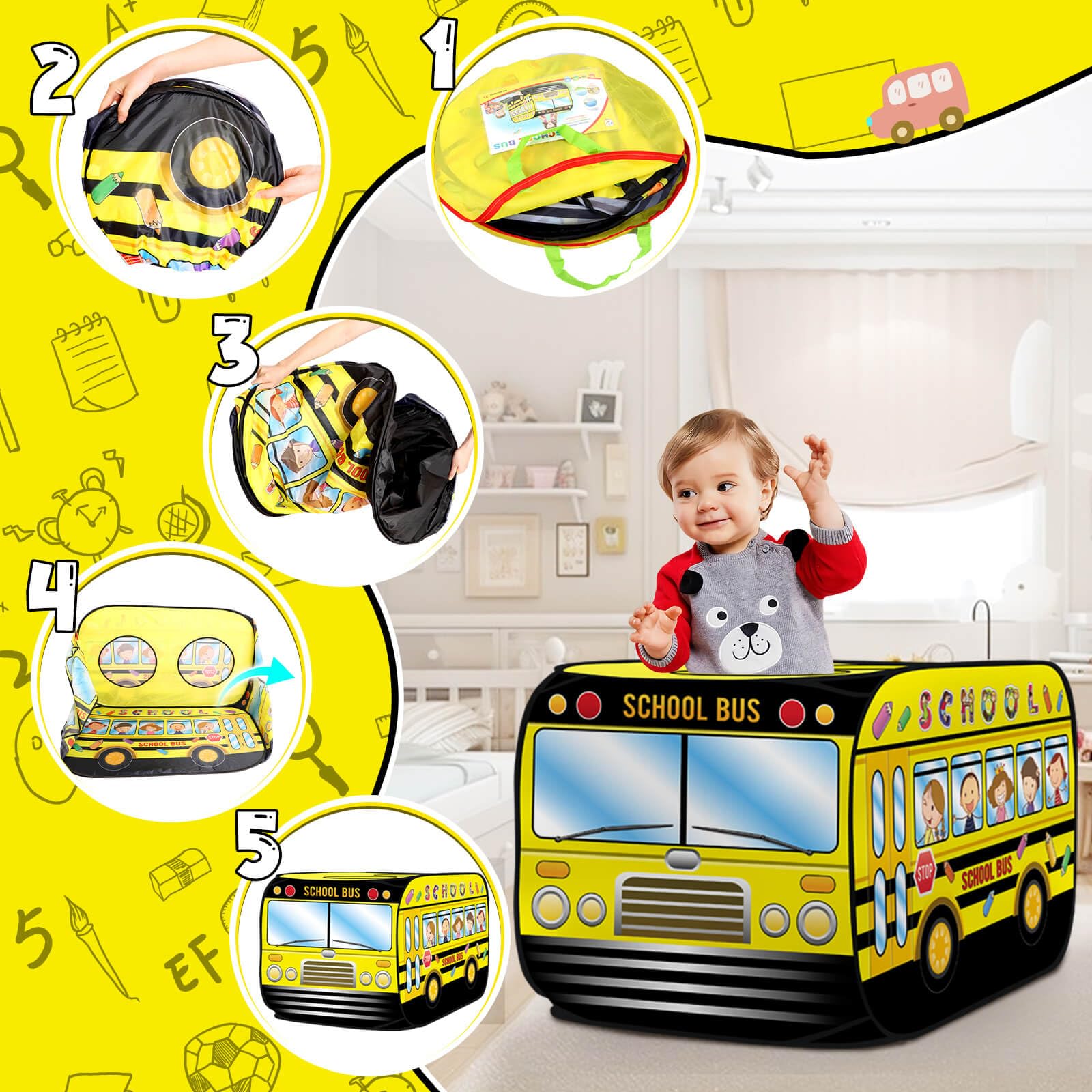 School Bus Pop Up Play Tent for Kids