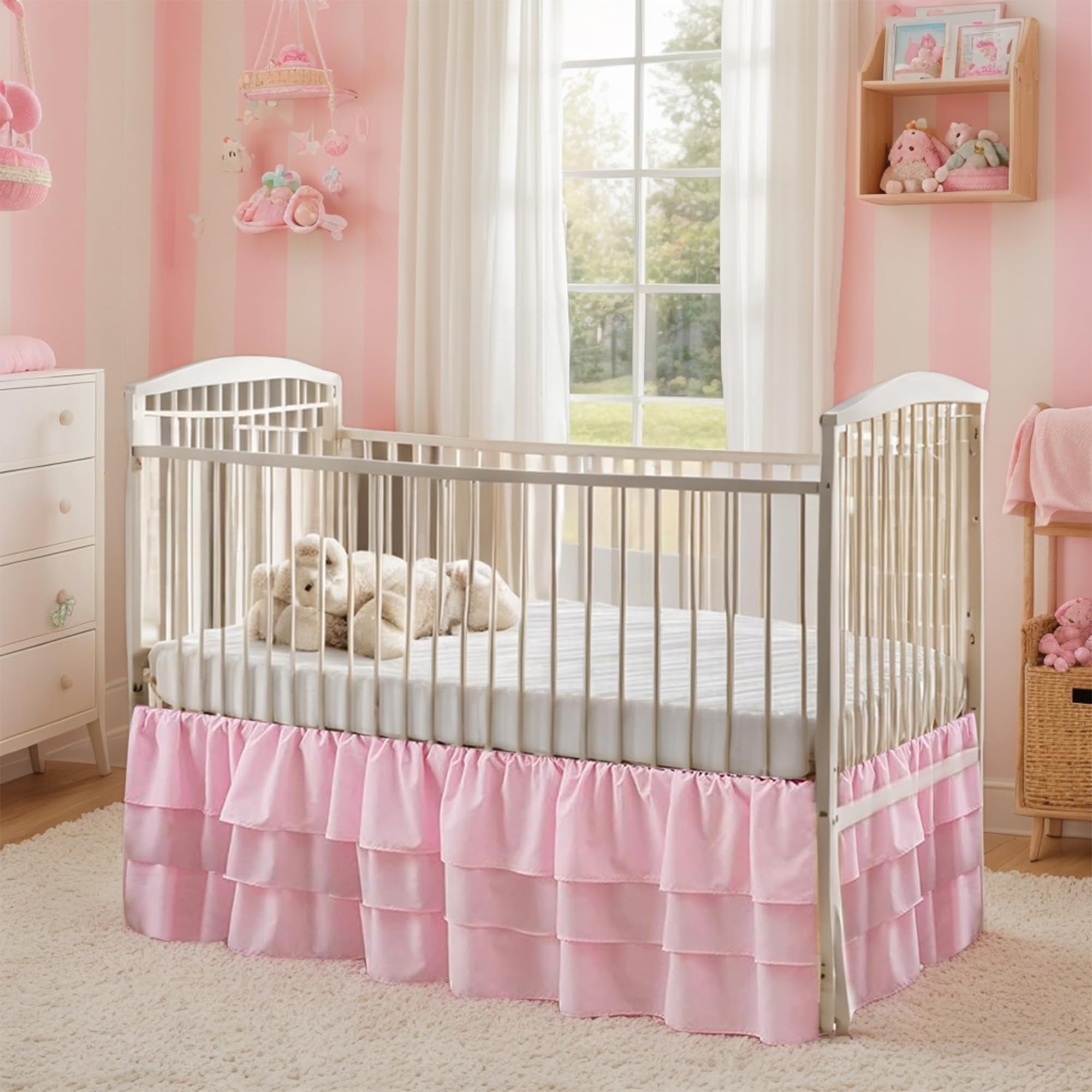 Ruffled Crib Bed Skirt: 3 Tiered Ruffled Crib Skirt Baby Girl Nursery Toddler Bedding Dust Ruffle, 17.7" Deep Drop- Fits Standard Cribs,28"x 52" (Pink)