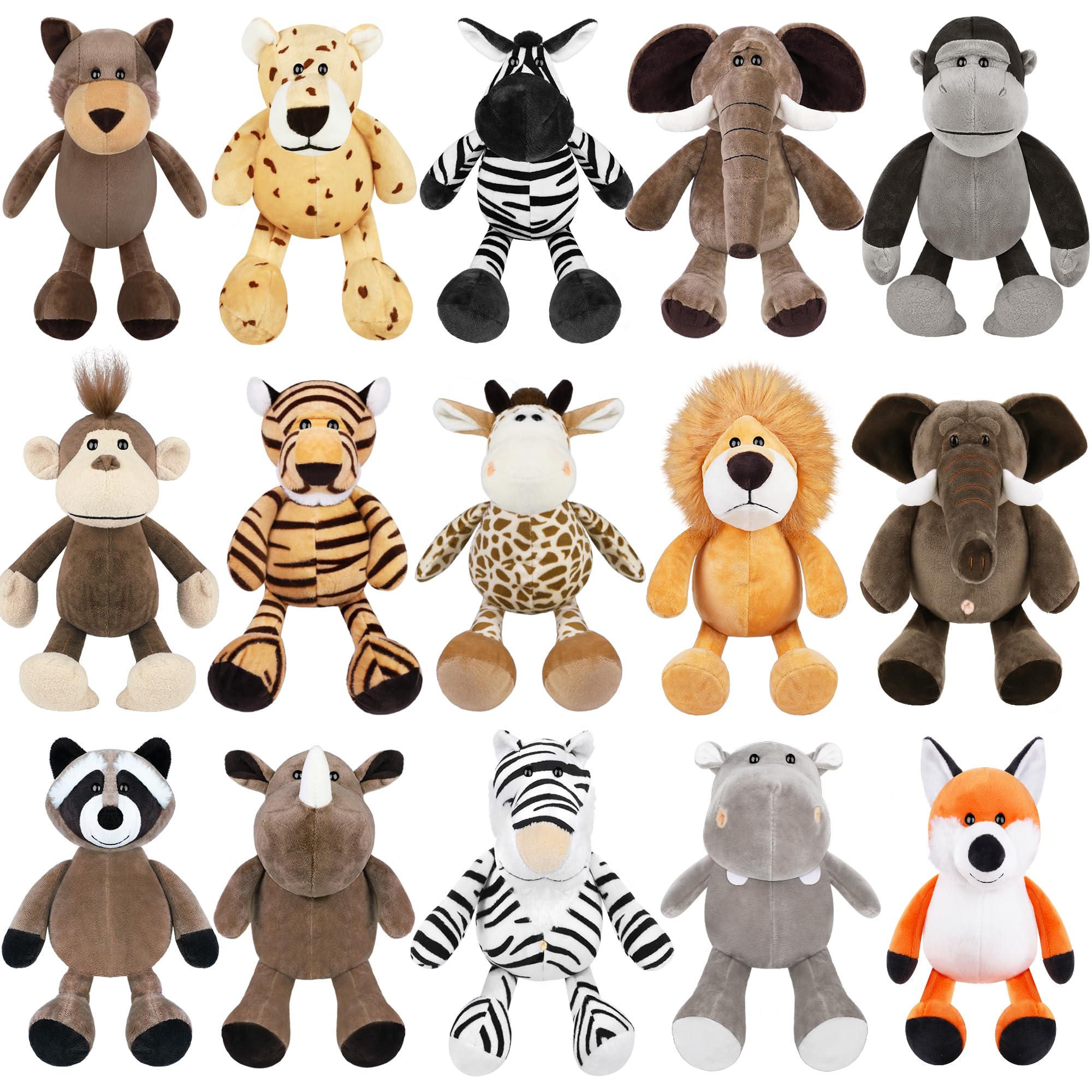 15 Pieces Safari Stuffed Animals Plush Toy 9.8 Inch Jungle Animals Stuffed Toys