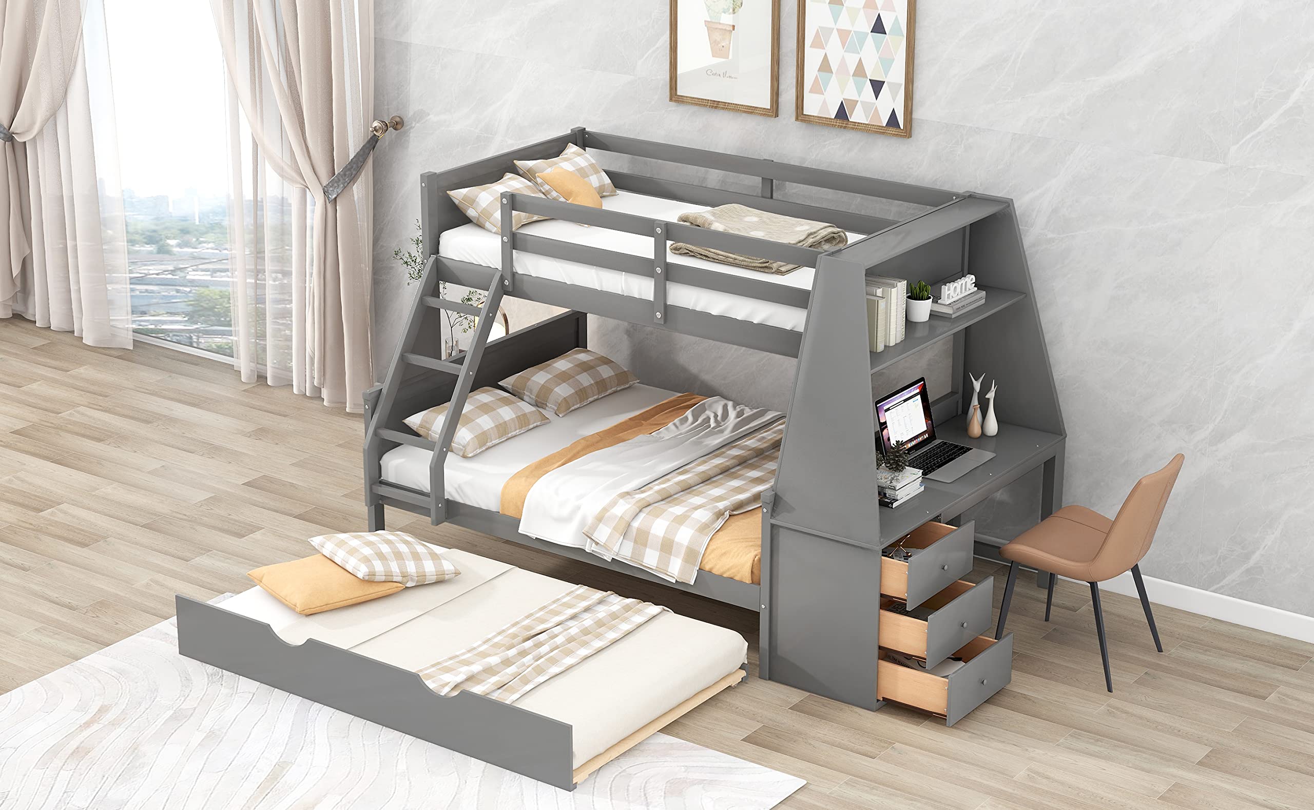 Twin Over Full Bunk Bed with Trundle and Desk