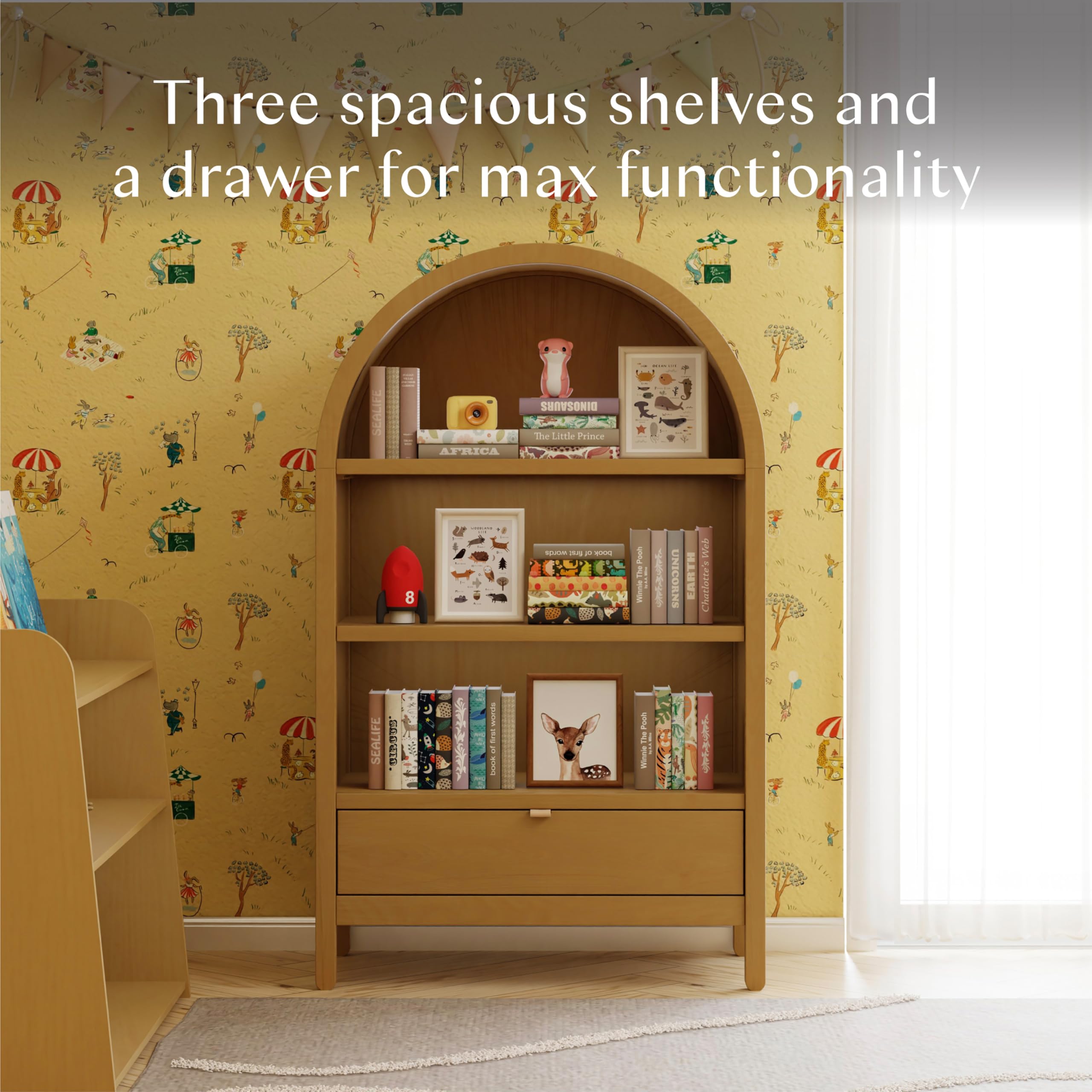 Bondi 3-Shelf Bookcase with Drawer - Honey Wood Finish