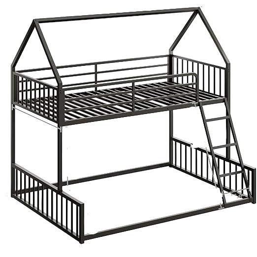 Bunk Bed Twin Over Full Size, House Bunk Bed Frame with Ladder and Guardrail