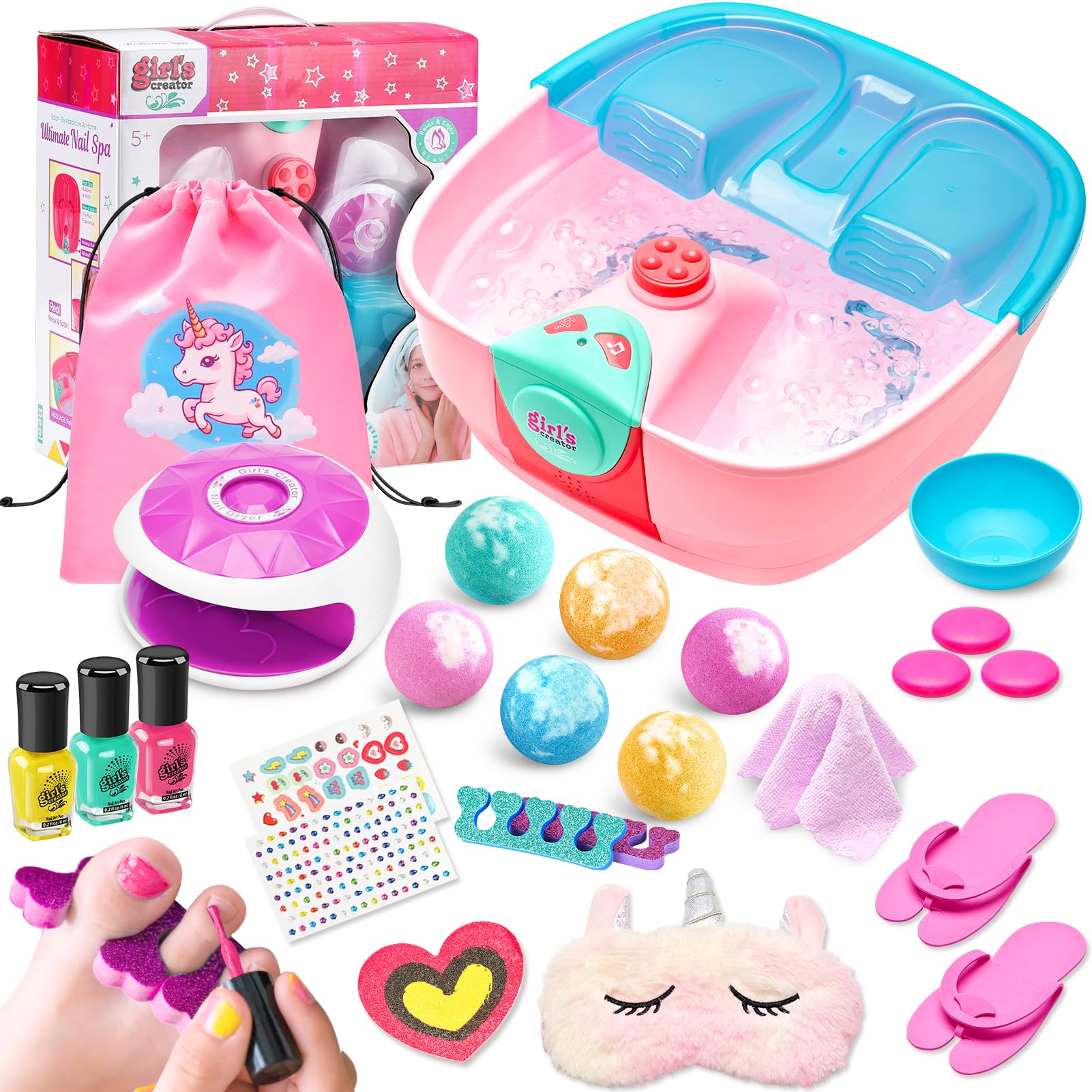Day Kit for Girls,Girls Foot Spa with Nail Dryer & Bath Bombs