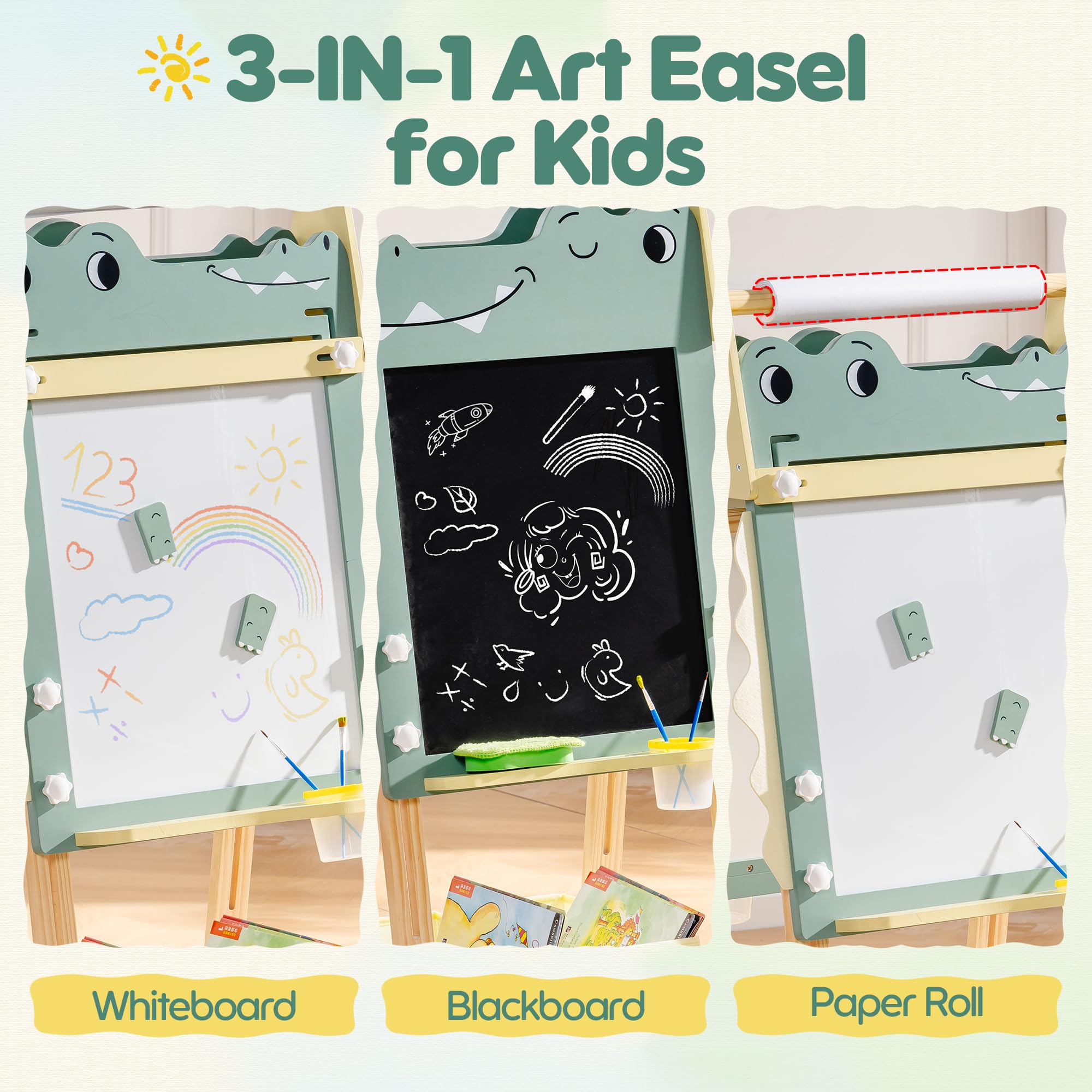 ROBOTIME Alligator Easel for Kids - 3-in-1 Adjustable Height Wooden Children Easel with Magnetic Whiteboard, Chalkboard & Paper Roll Holder, Fun Kid's Art Station for Boys & Girls Ages 3~12 Years