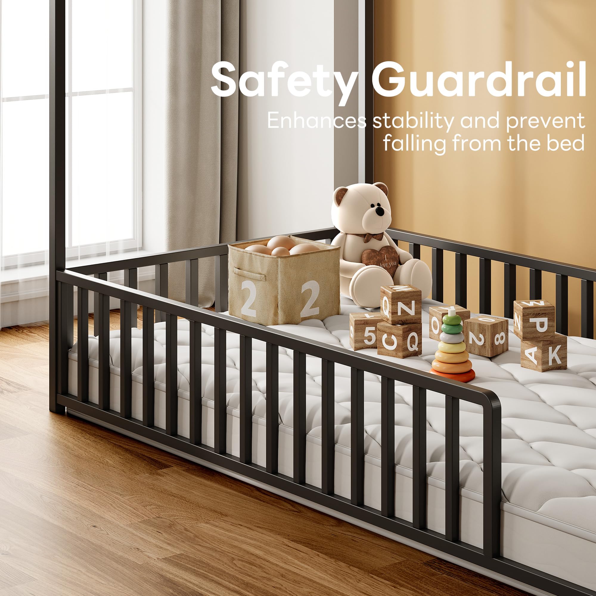 Twin Floor Bed Frame with Roof & Fence Guardrails