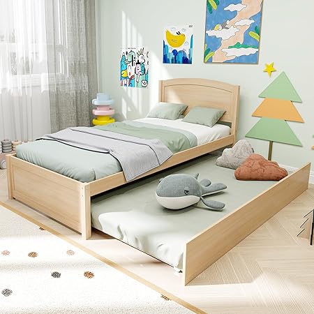 Twin Trundle Bed, Solid Wooden Pull Out Bedframe