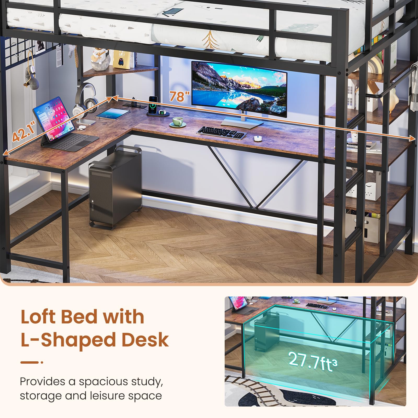 Twin Loft Bed with L-Shaped Desk and Storage Shelves