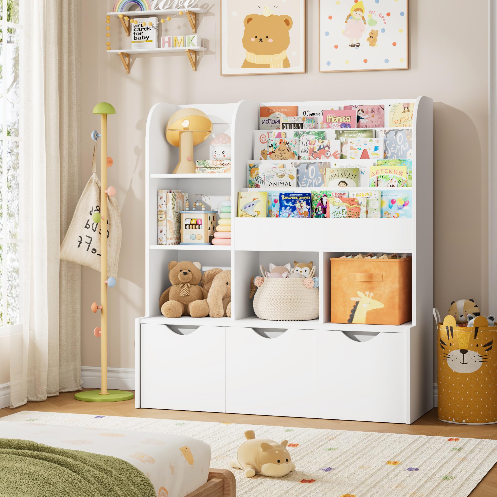 Kids Bookcase with Storage Cubbies and Drawers