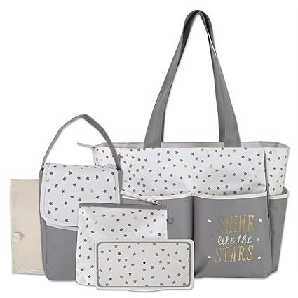 Diaper Bag Tote 5 Piece Set with Sun, Moon, and Stars, Wipes Pocket