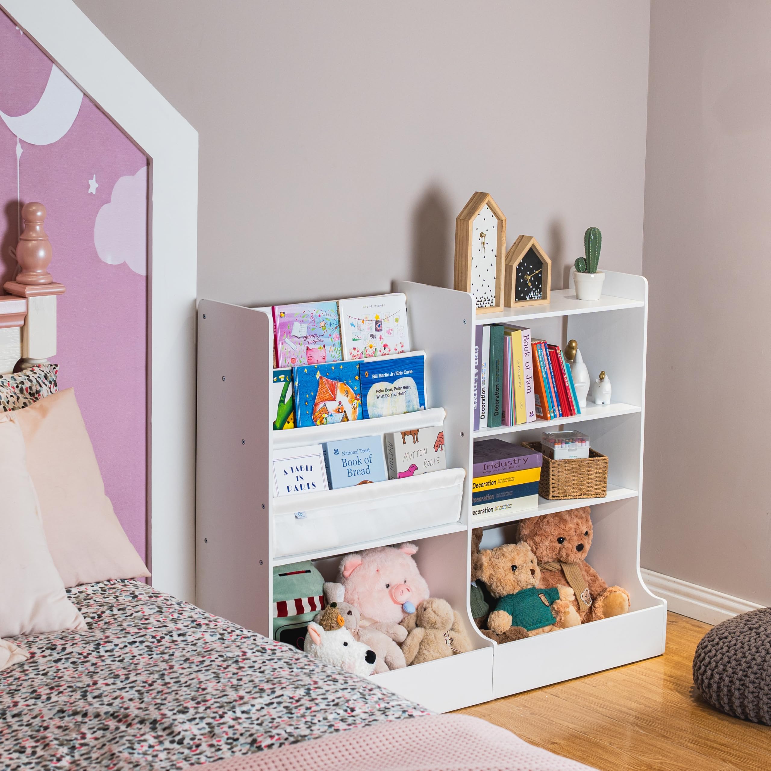 48.6" Large Solid Wood Kids Bookshelf, 3 Layer Sling Children