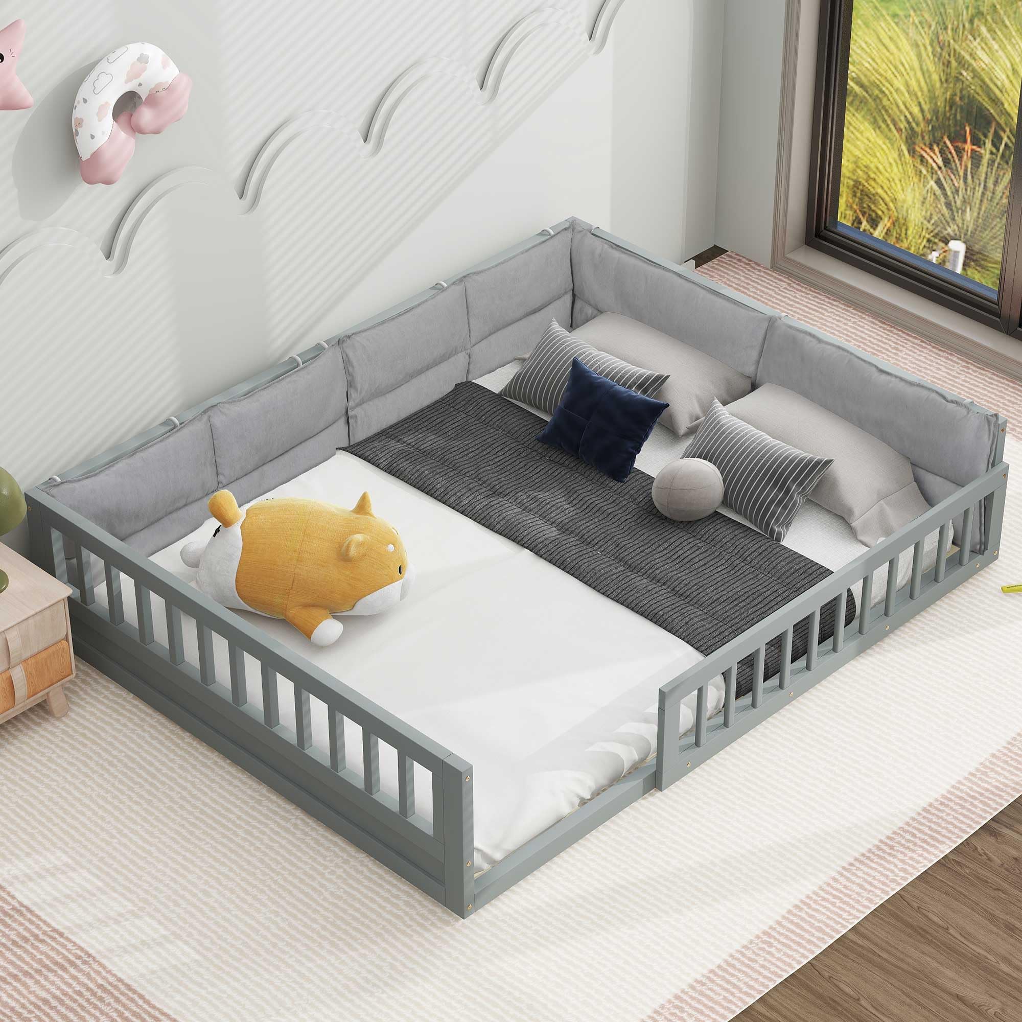 Full Size Floor Bed with Safety Guardrails and Pillows for Kids