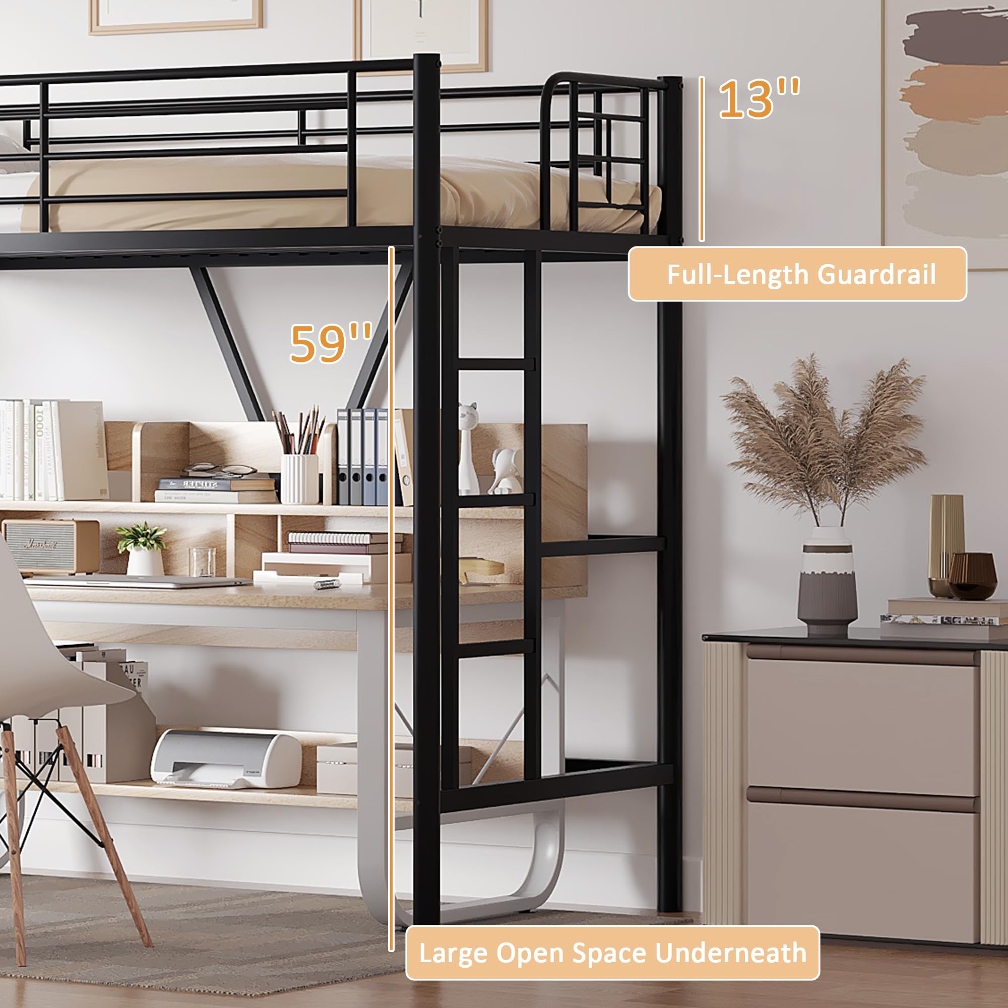 Twin Loft Bed with Full-Length Guardrails and Ladder