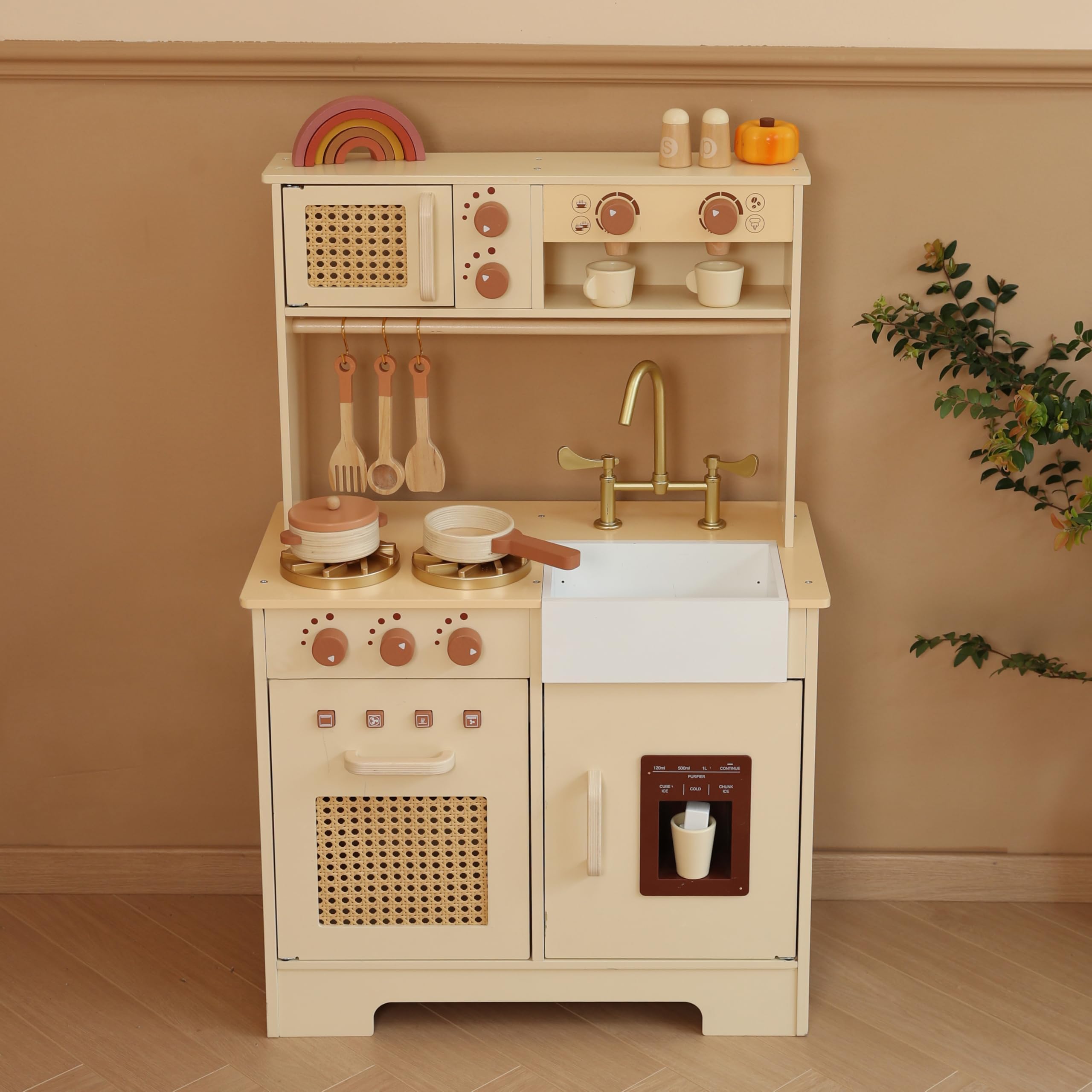 Play Kitchen for Kids, Wooden Play Kitchen Set with Realistic Features