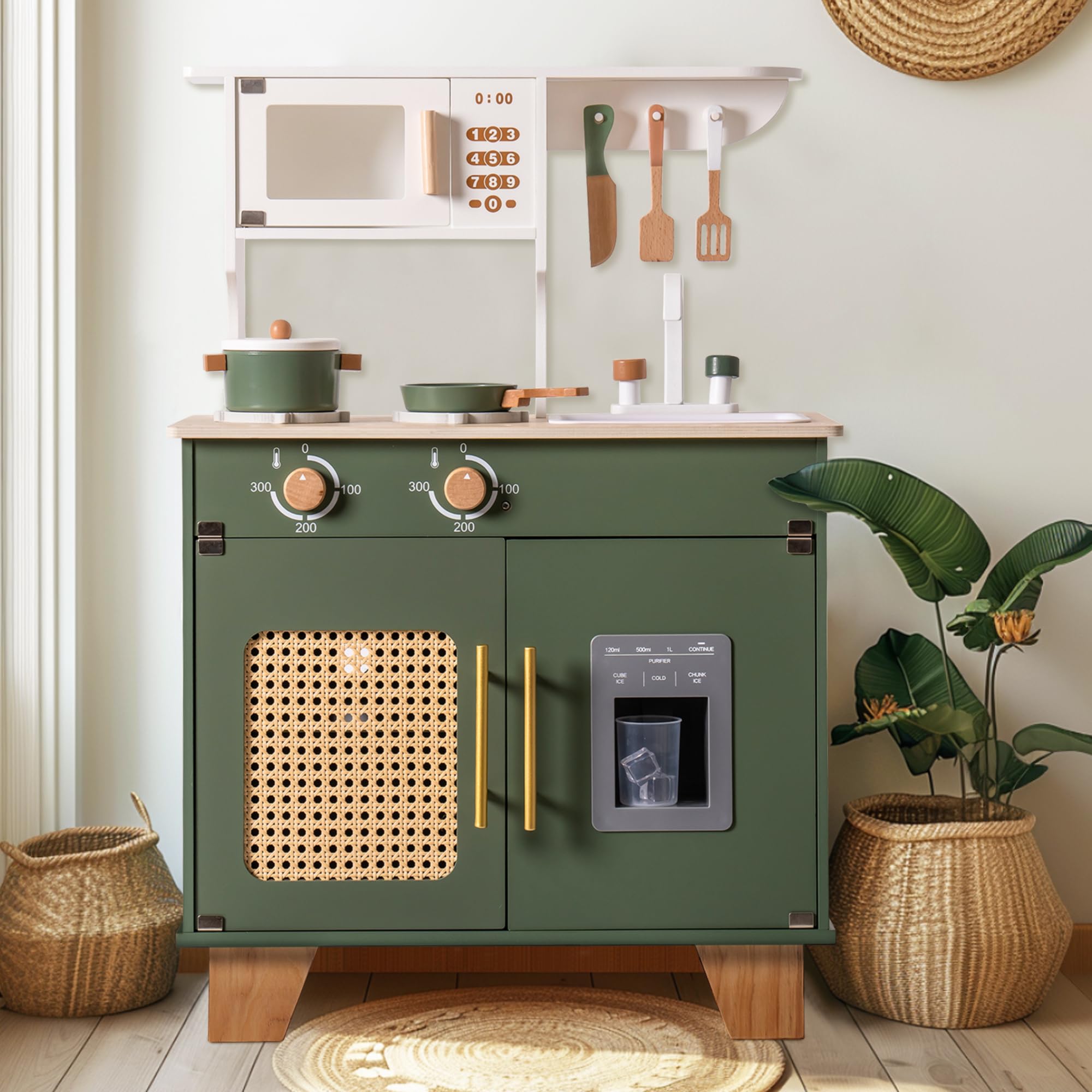 Wooden Play Kitchen Set with Ice Dispenser and Accessories