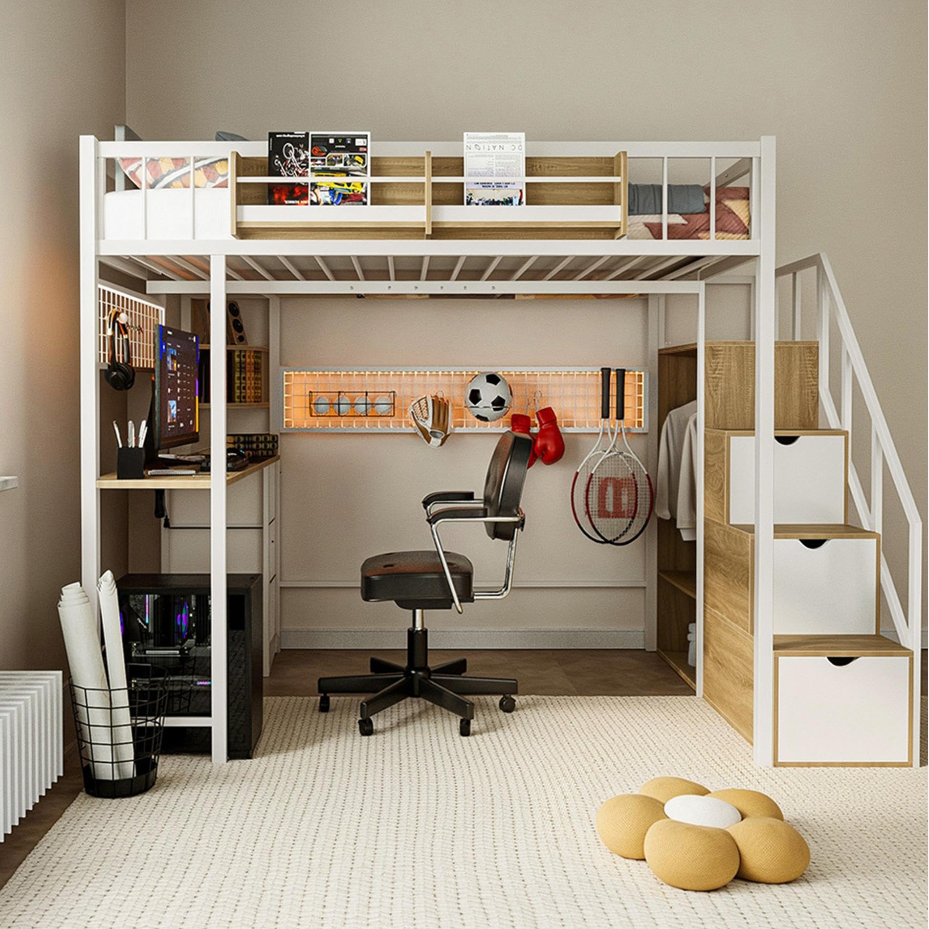 Twin Loft Bed with Desk, Storage Stairs & Wardrobe