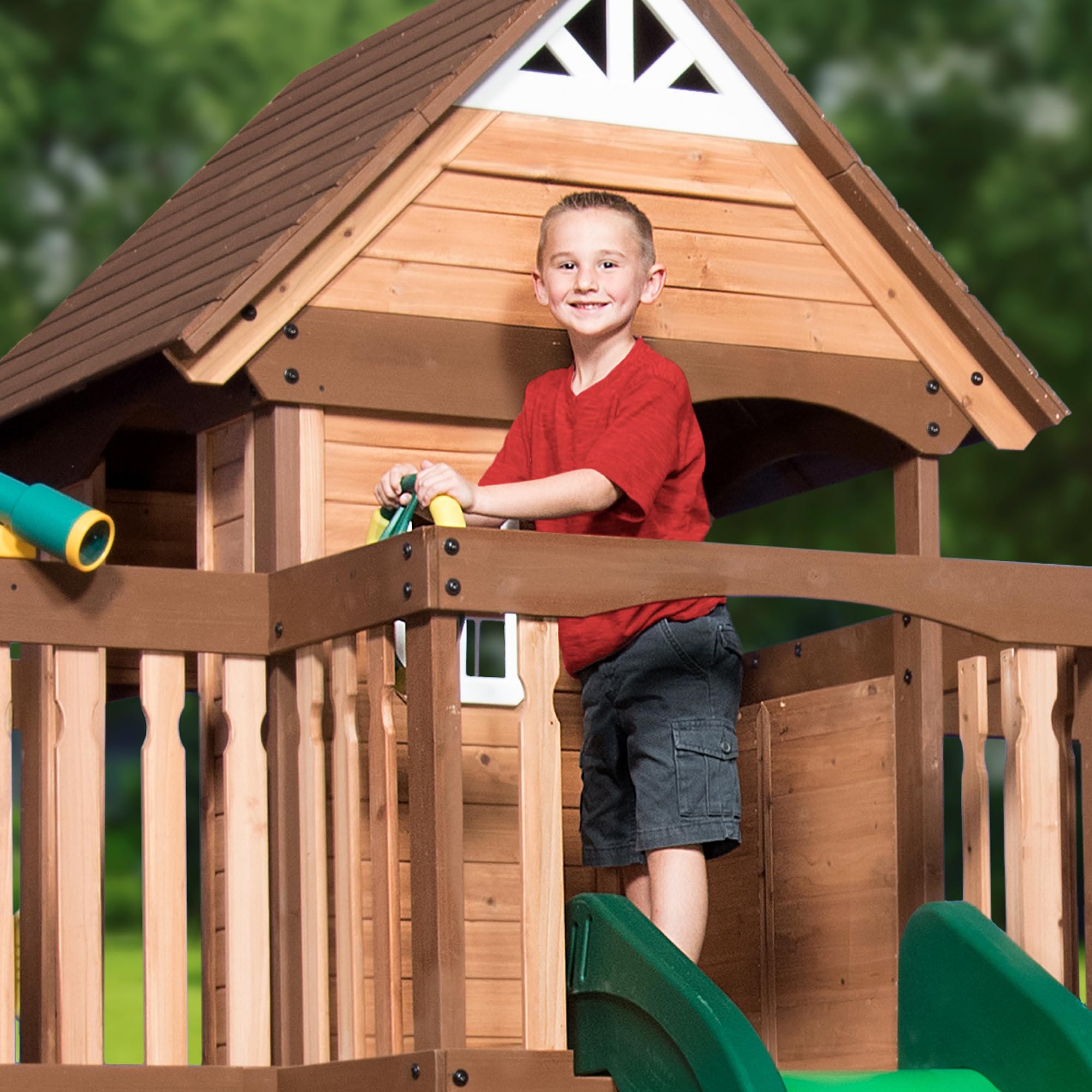 Cedar Wood Swing Set with Clubhouse and Wave Slide