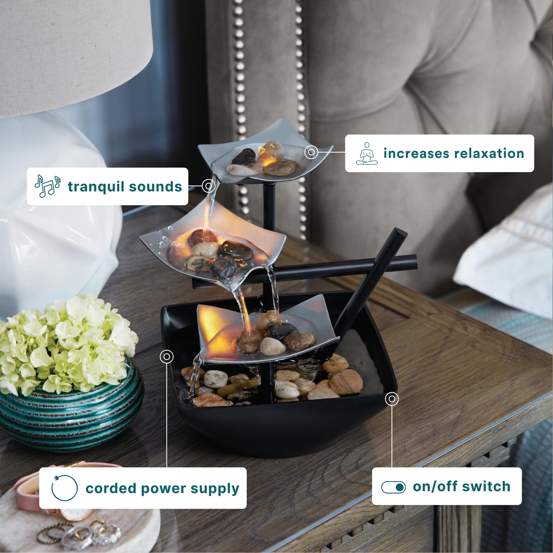 Tabletop Water Fountain with LED Light and Natural Stones