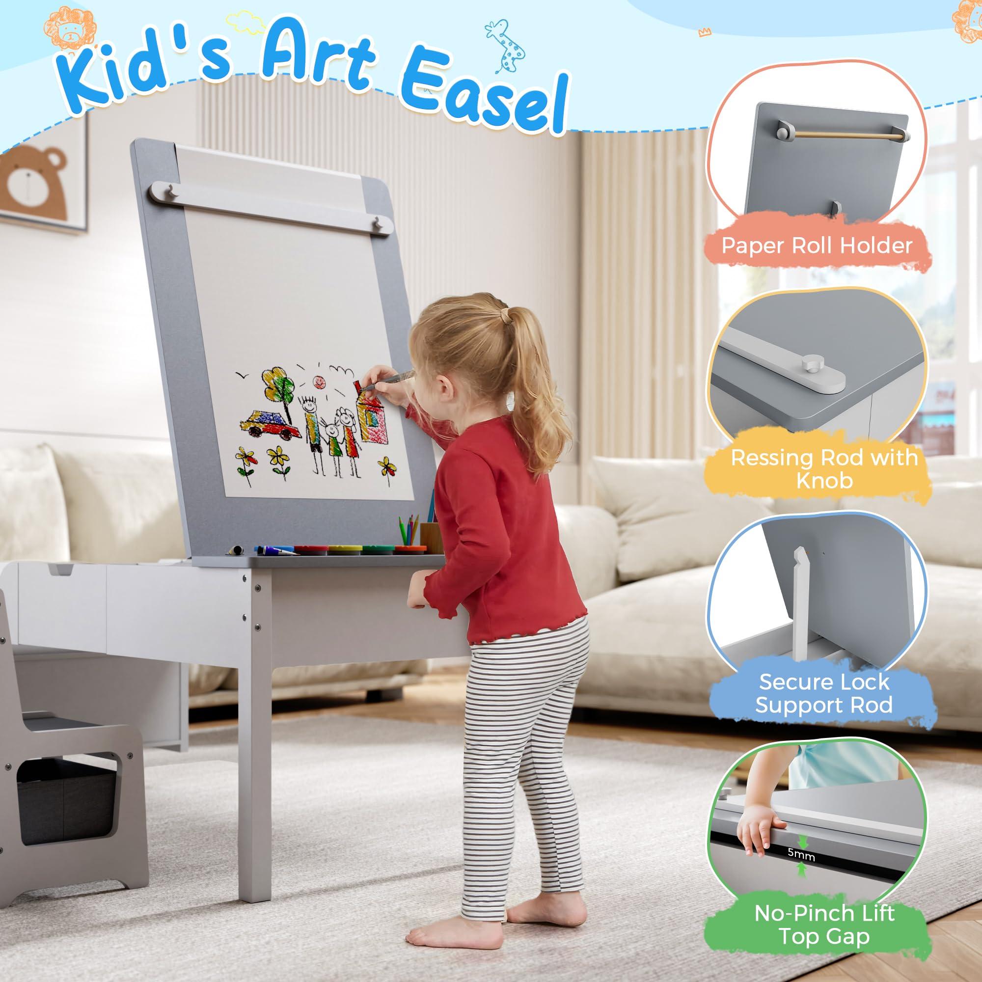 5-in-1 Kids Art Table and Chairs Set with Convertible Easel
